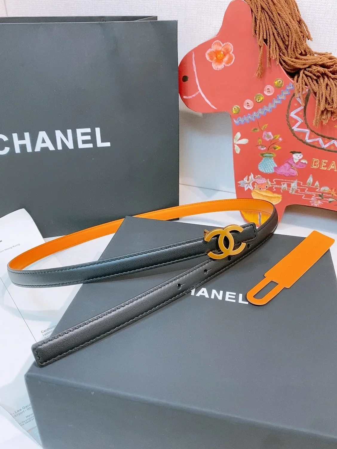 CHANEL Belts Calfskin Leather (Black-Orange) 160202607050143