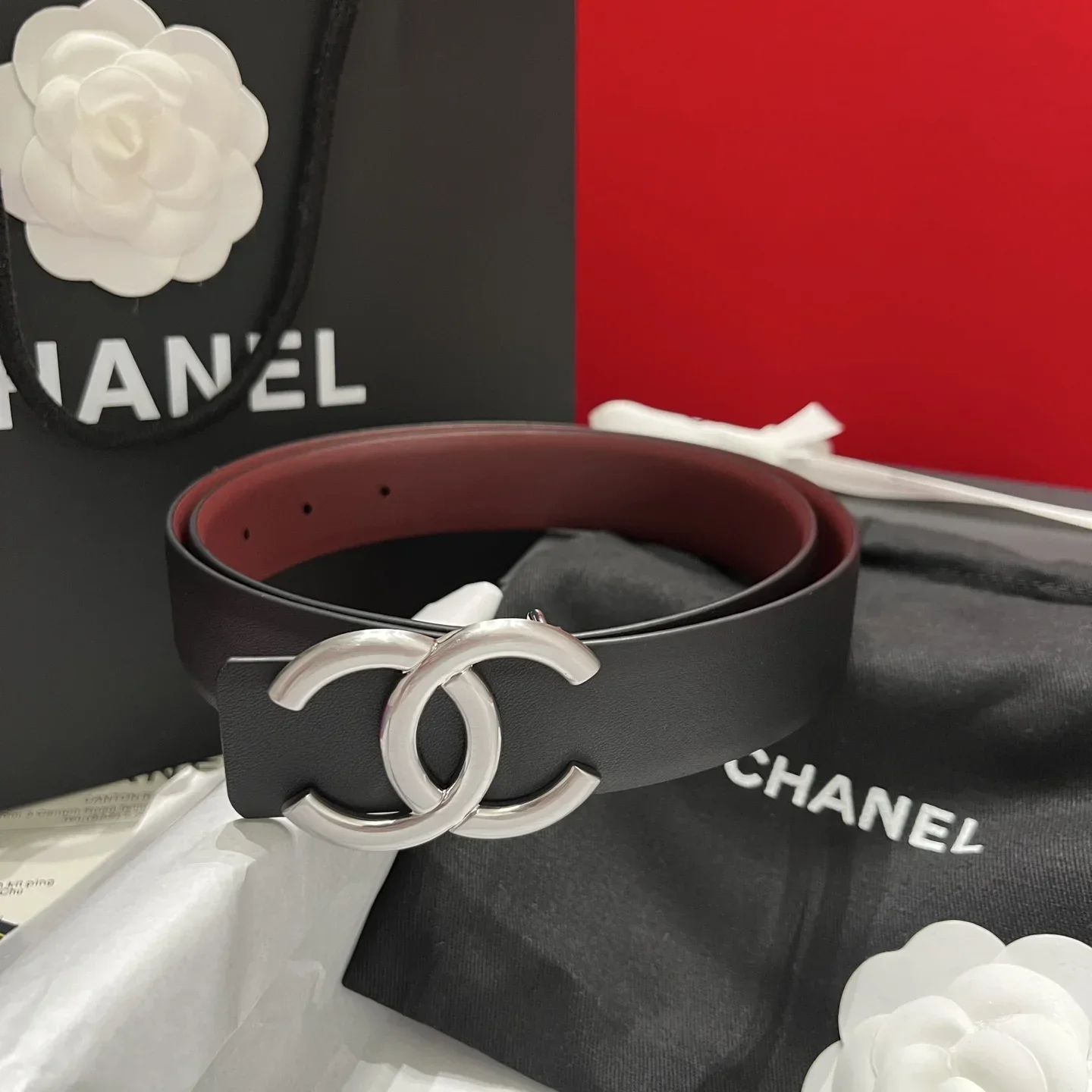 CHANEL Belts Calfskin Leather (Black-Red) 3.0cm Width 160202607050088