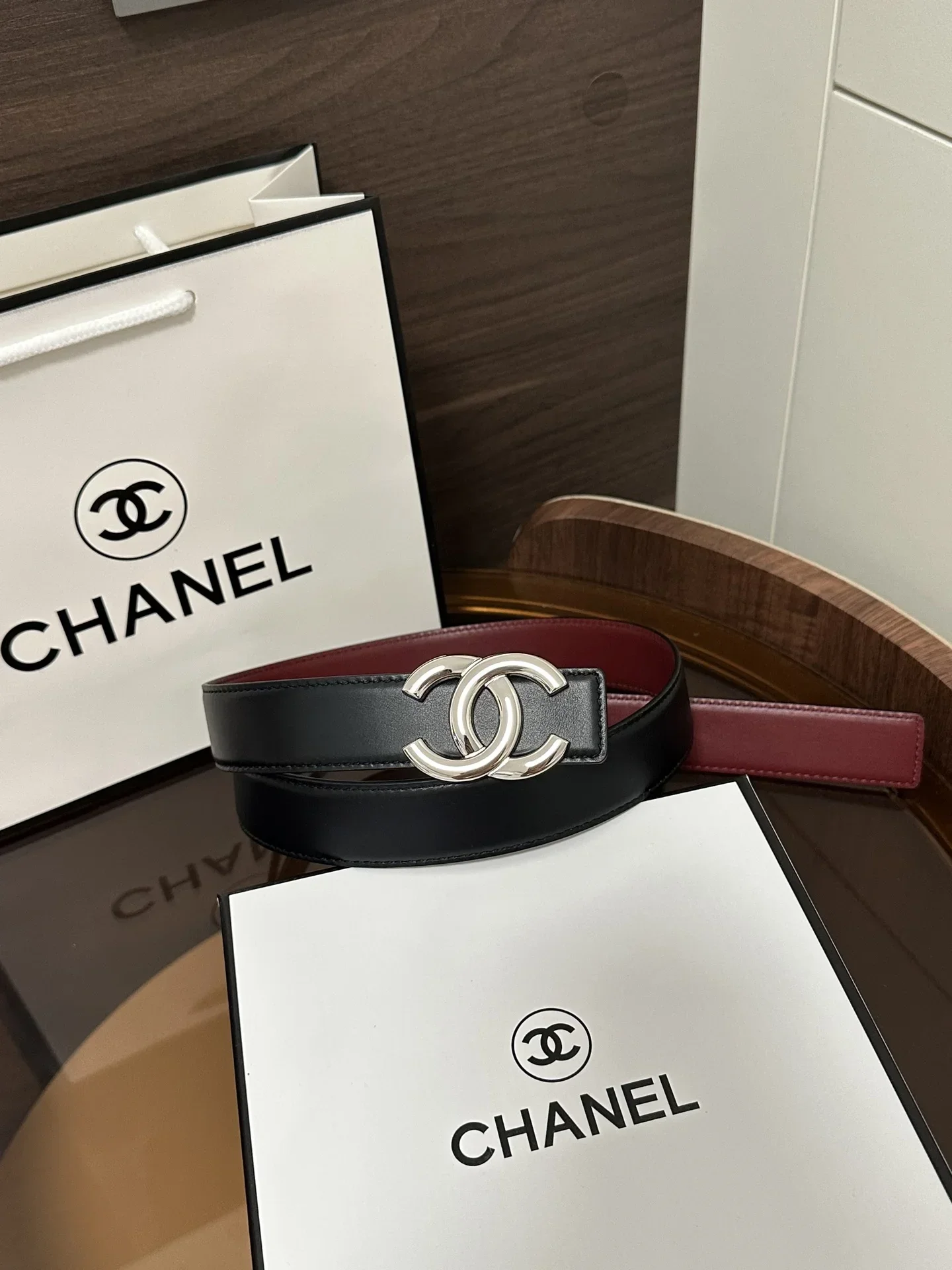 CHANEL Belts Calfskin Leather (Black-Red) 3cm Width 170202607050090