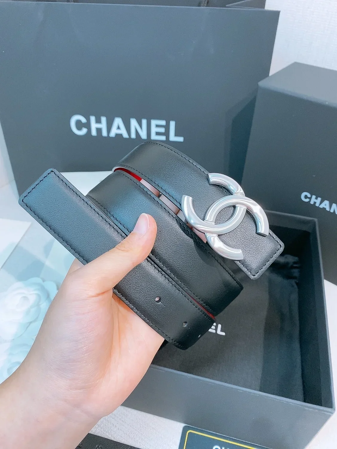 CHANEL Belts Calfskin Leather (Black-Red-Silver) 3.0cm Width 160202607050089