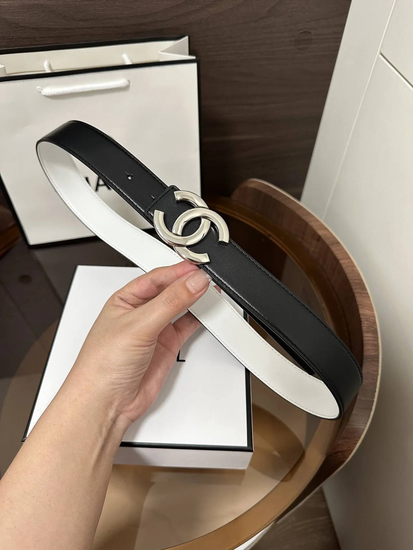 CHANEL Belts Calfskin Leather (Black-White) 3cm Width 170202607050097