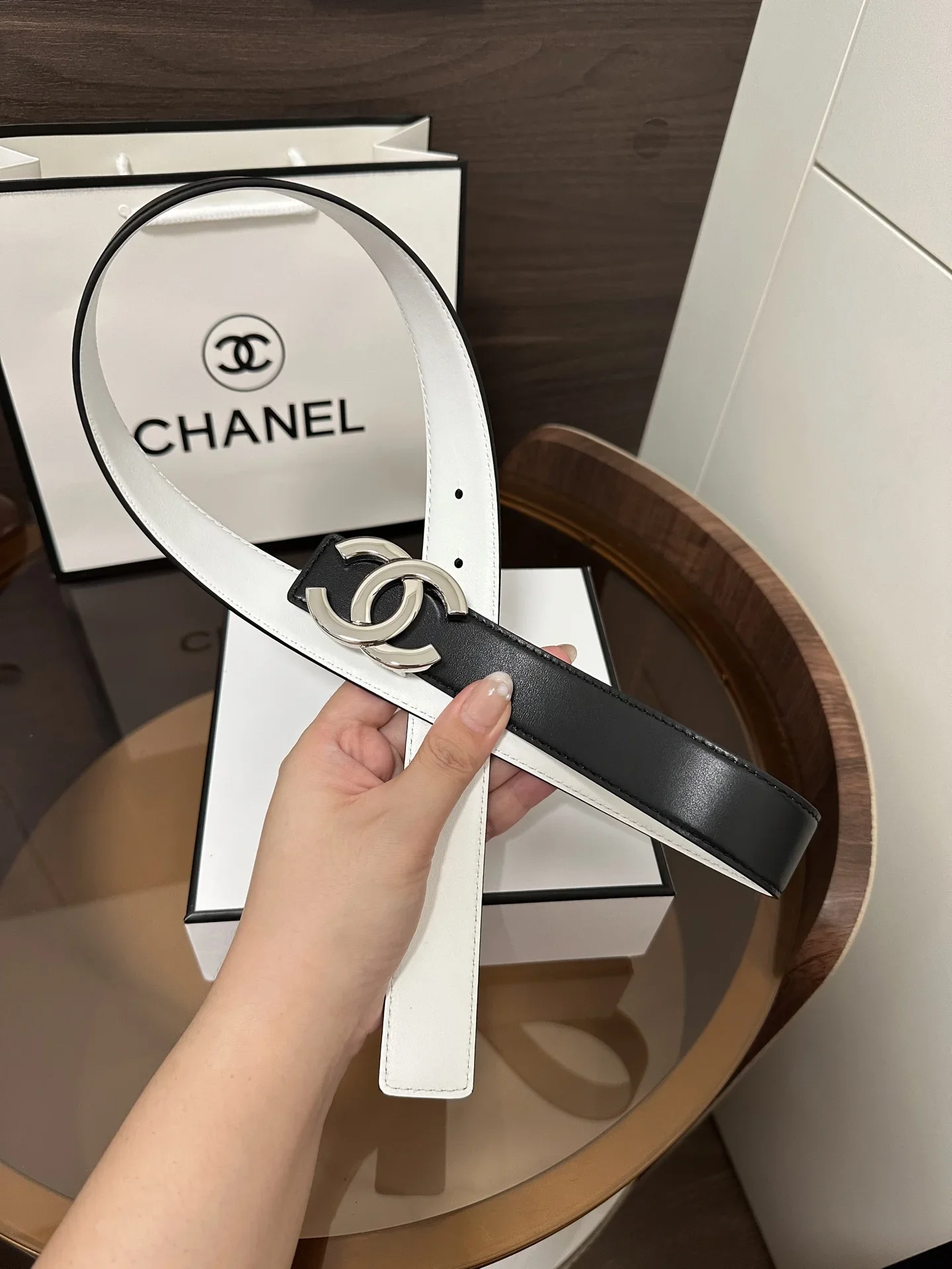 Alternative view of CHANEL Belts Calfskin Leather (Black-White) 3cm Width 170202607050097
