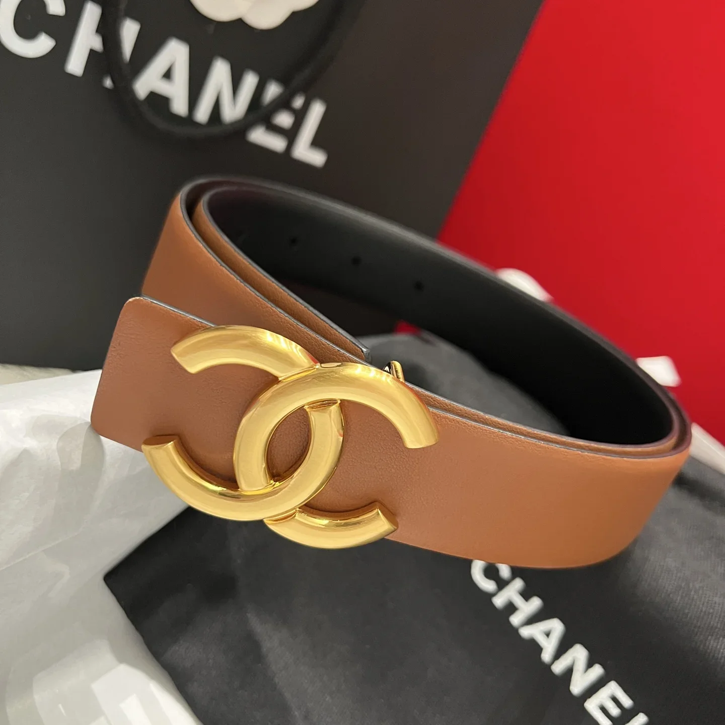 Alternative view of CHANEL Belts Calfskin Leather (Brown-Black) 3.0cm Width 160202607050105