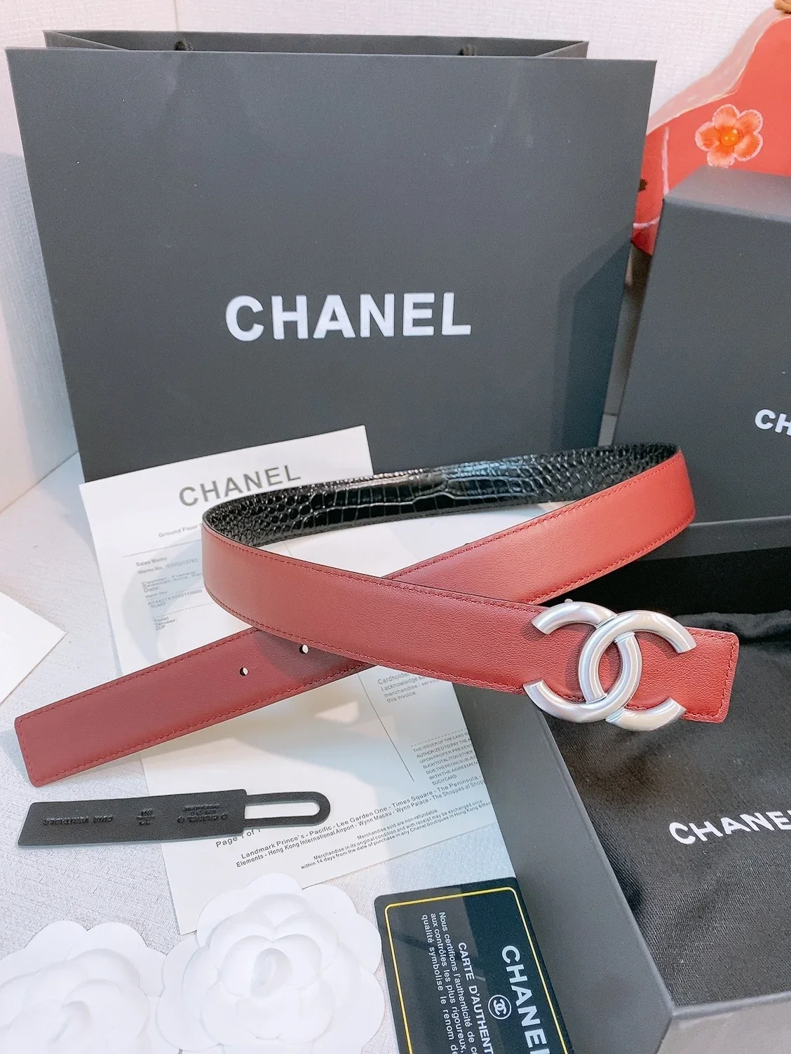 CHANEL Belts Calfskin Leather (Red-Black) 3.0cm Width 160202607050115