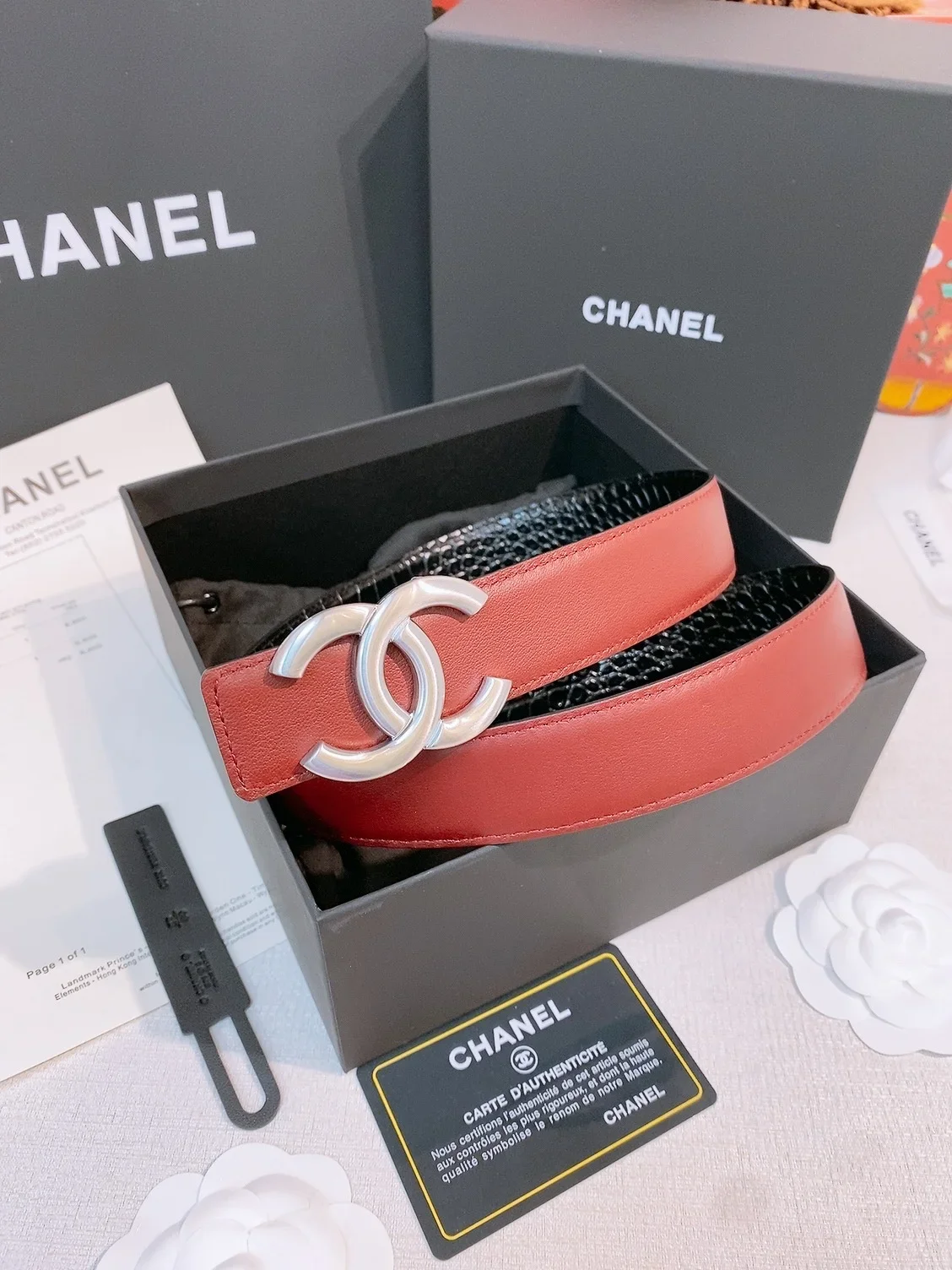 Alternative view of CHANEL Belts Calfskin Leather (Red-Black) 3.0cm Width 160202607050115