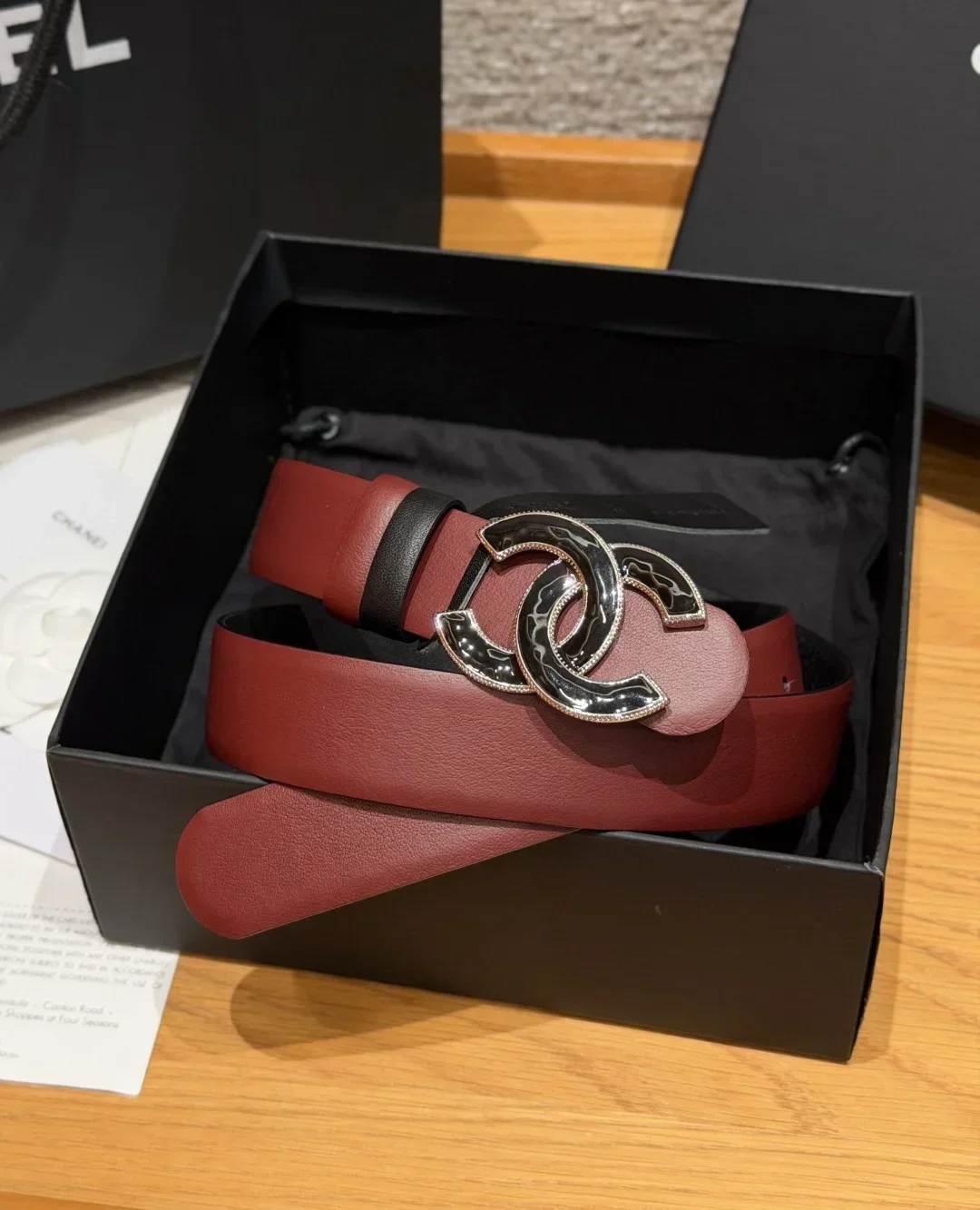 CHANEL Belts Calfskin Leather (Red-Black) 3.0cm Width 170202607050094