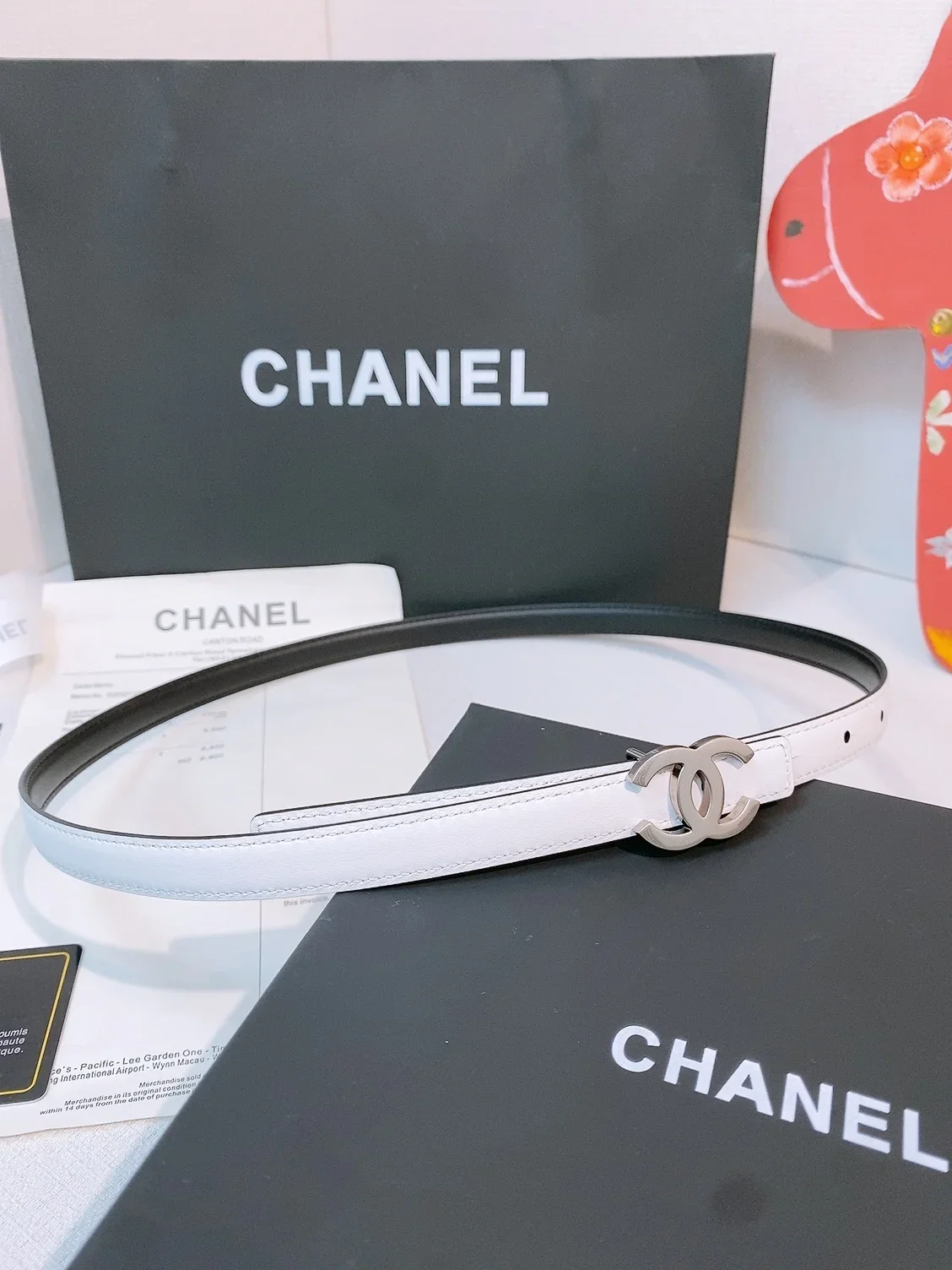 CHANEL Belts Calfskin Leather (White-Black) 160202607050125