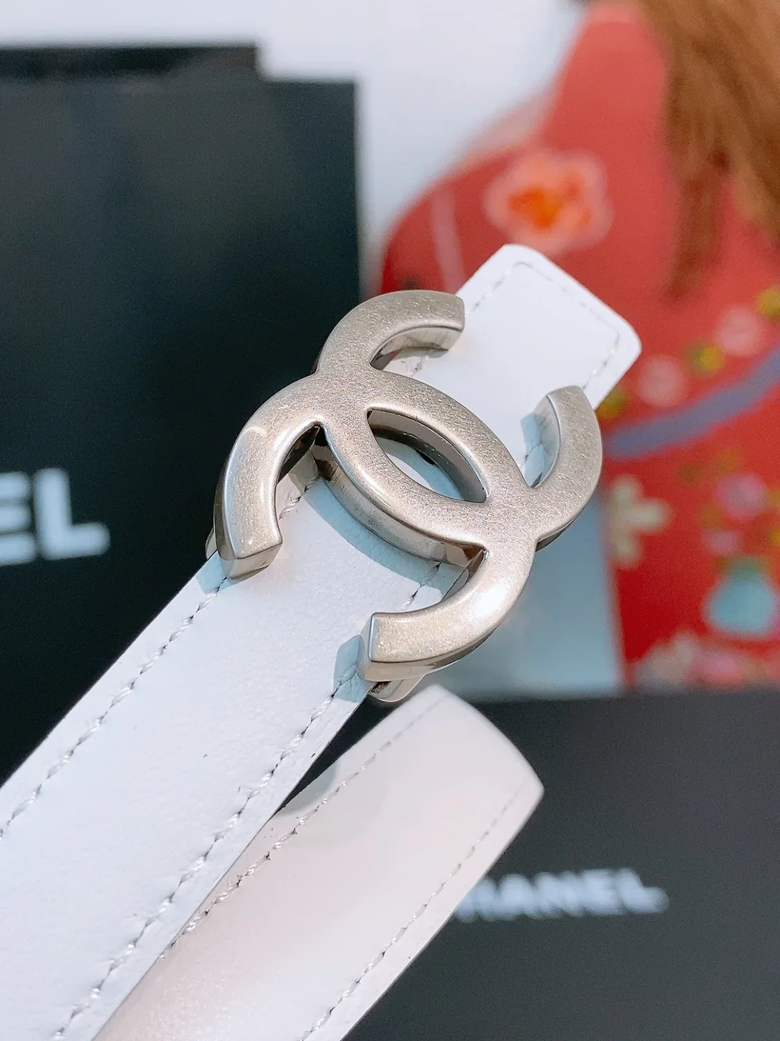 Alternative view of CHANEL Belts Calfskin Leather (White-Black) 160202607050125