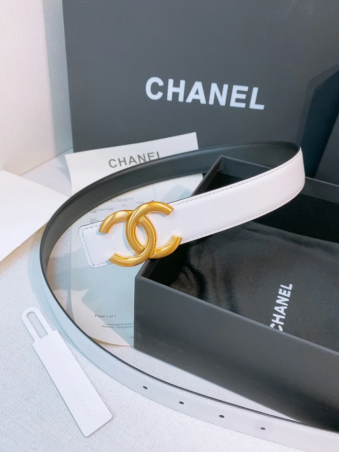 CHANEL Belts Calfskin Leather (White-Black) 3.0cm Width 160202607050129