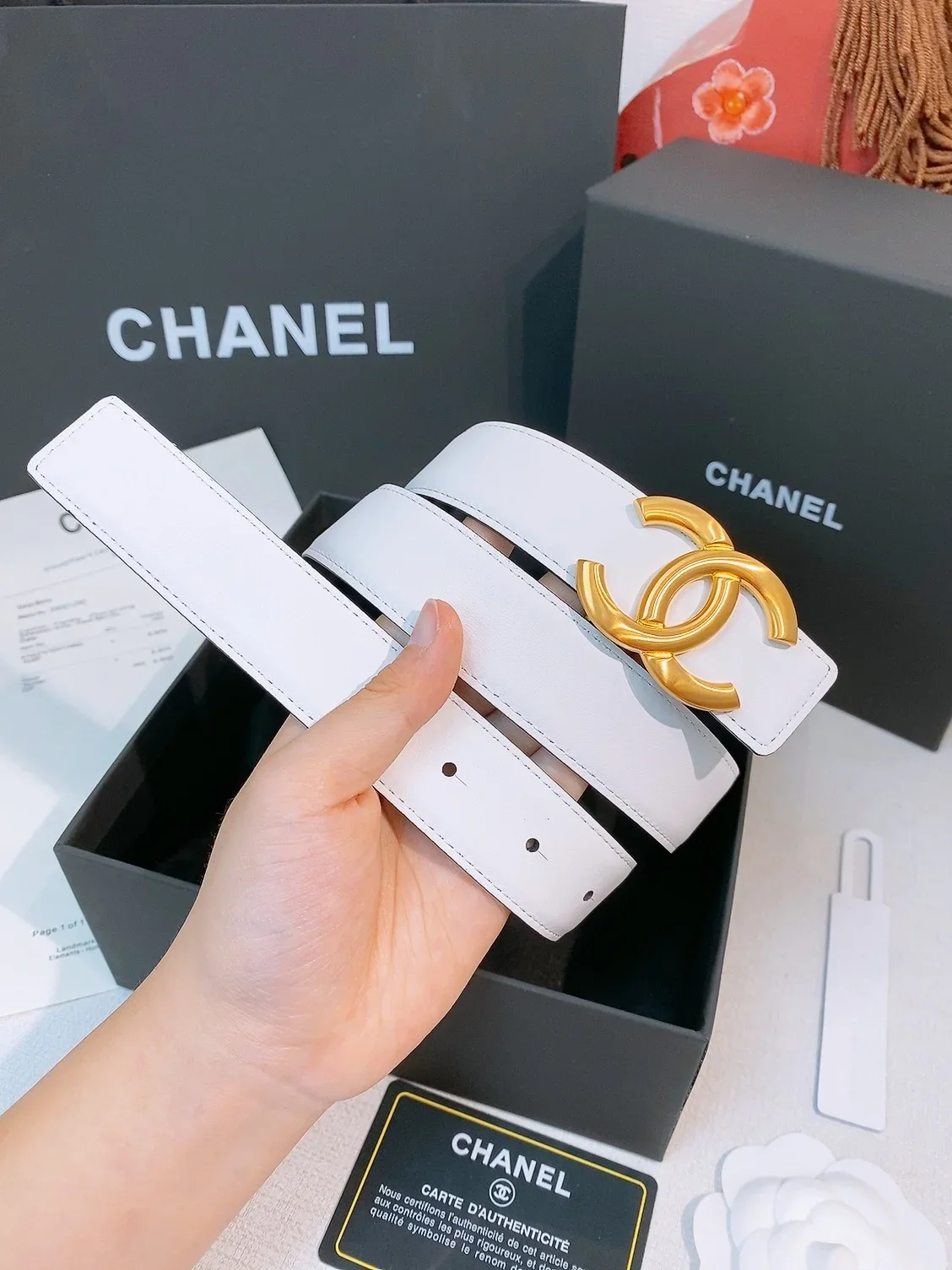 Alternative view of CHANEL Belts Calfskin Leather (White-Black) 3.0cm Width 160202607050129