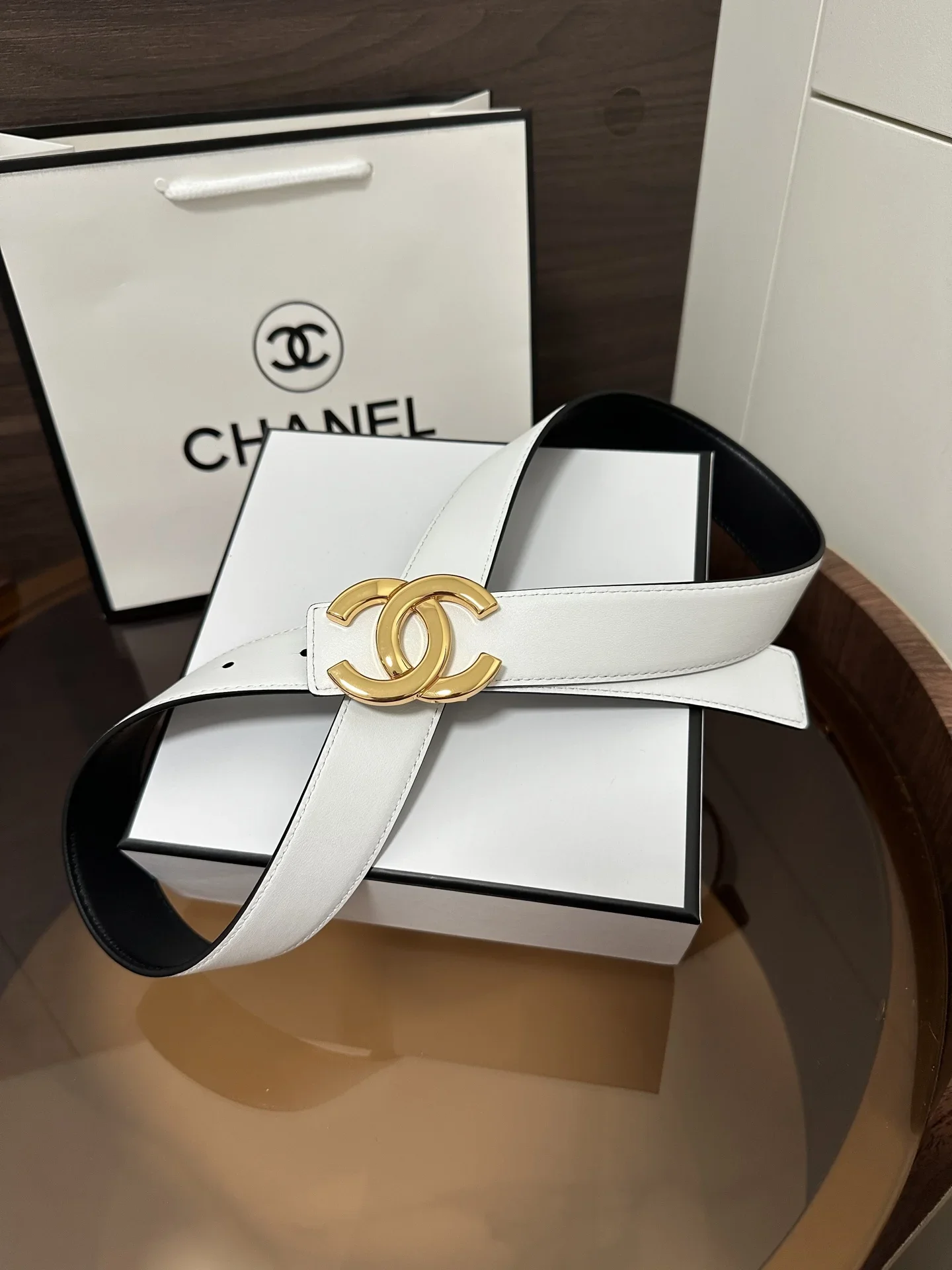 CHANEL Belts Calfskin Leather (White-Black) 3cm Width 170202607050096