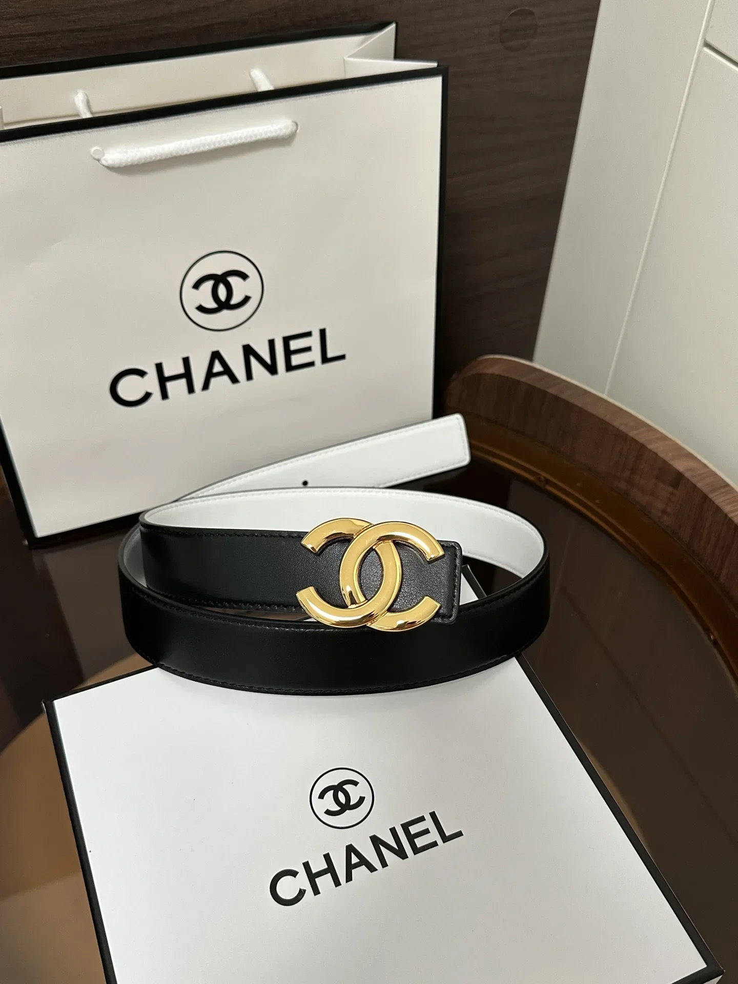 Alternative view of CHANEL Belts Calfskin Leather (White-Black) 3cm Width 170202607050096