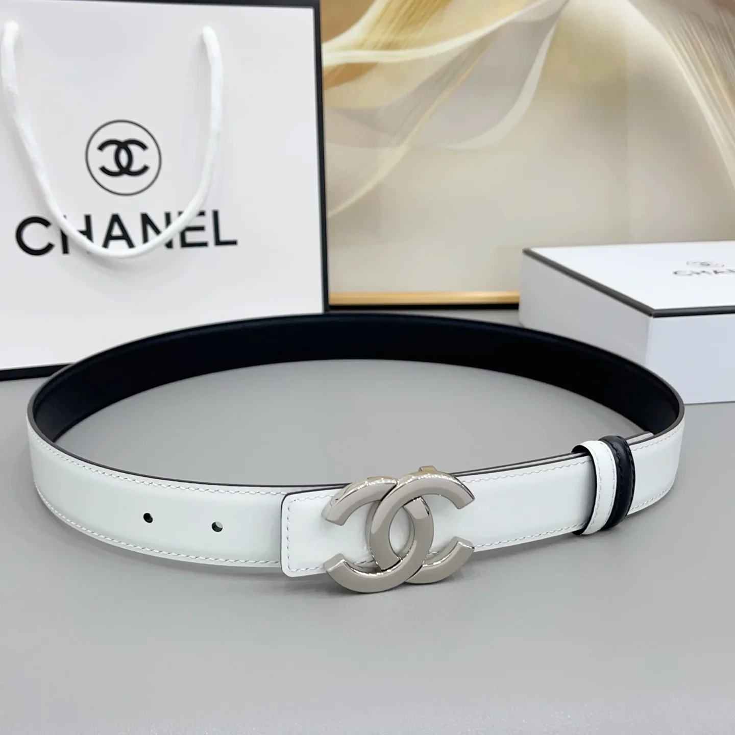 CHANEL Belts Patent Leather (White-Black) 170202607050126