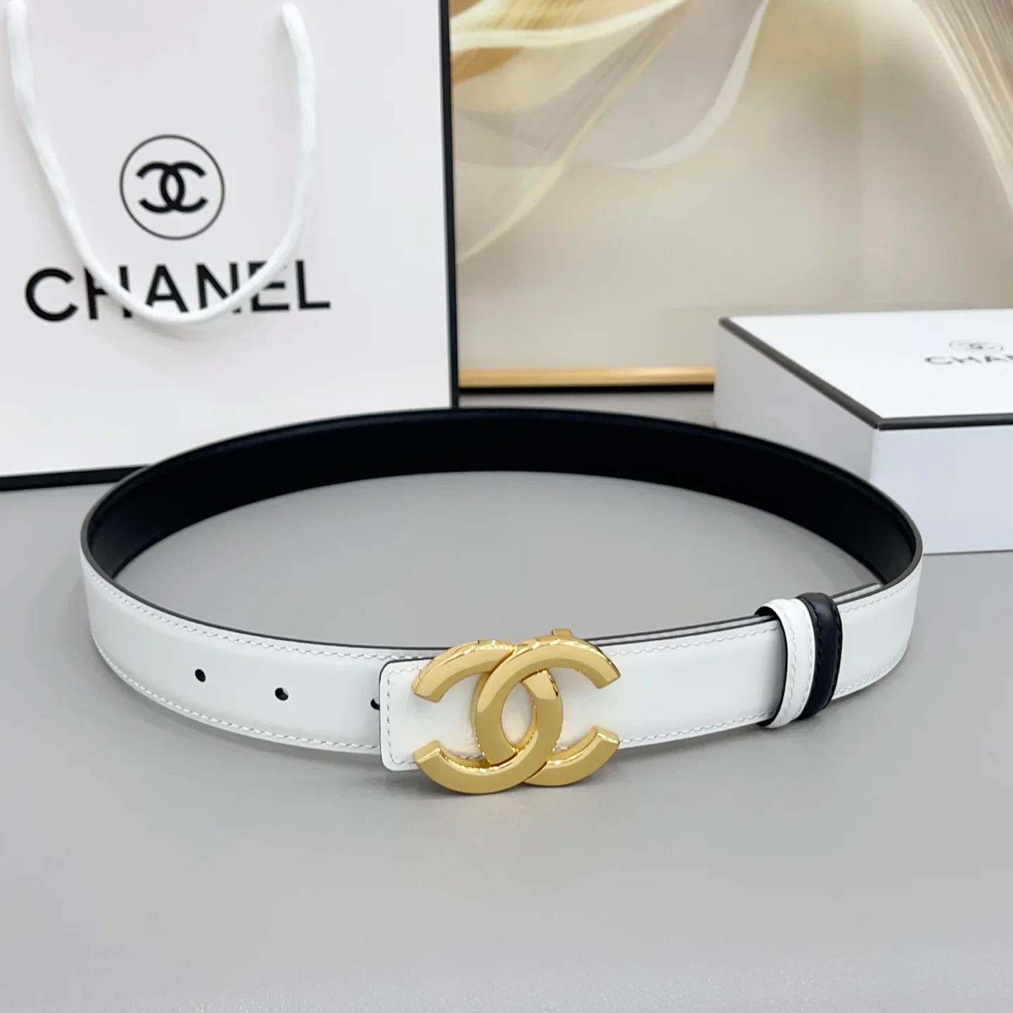CHANEL Belts Patent Leather (White-Black) 170202607050128