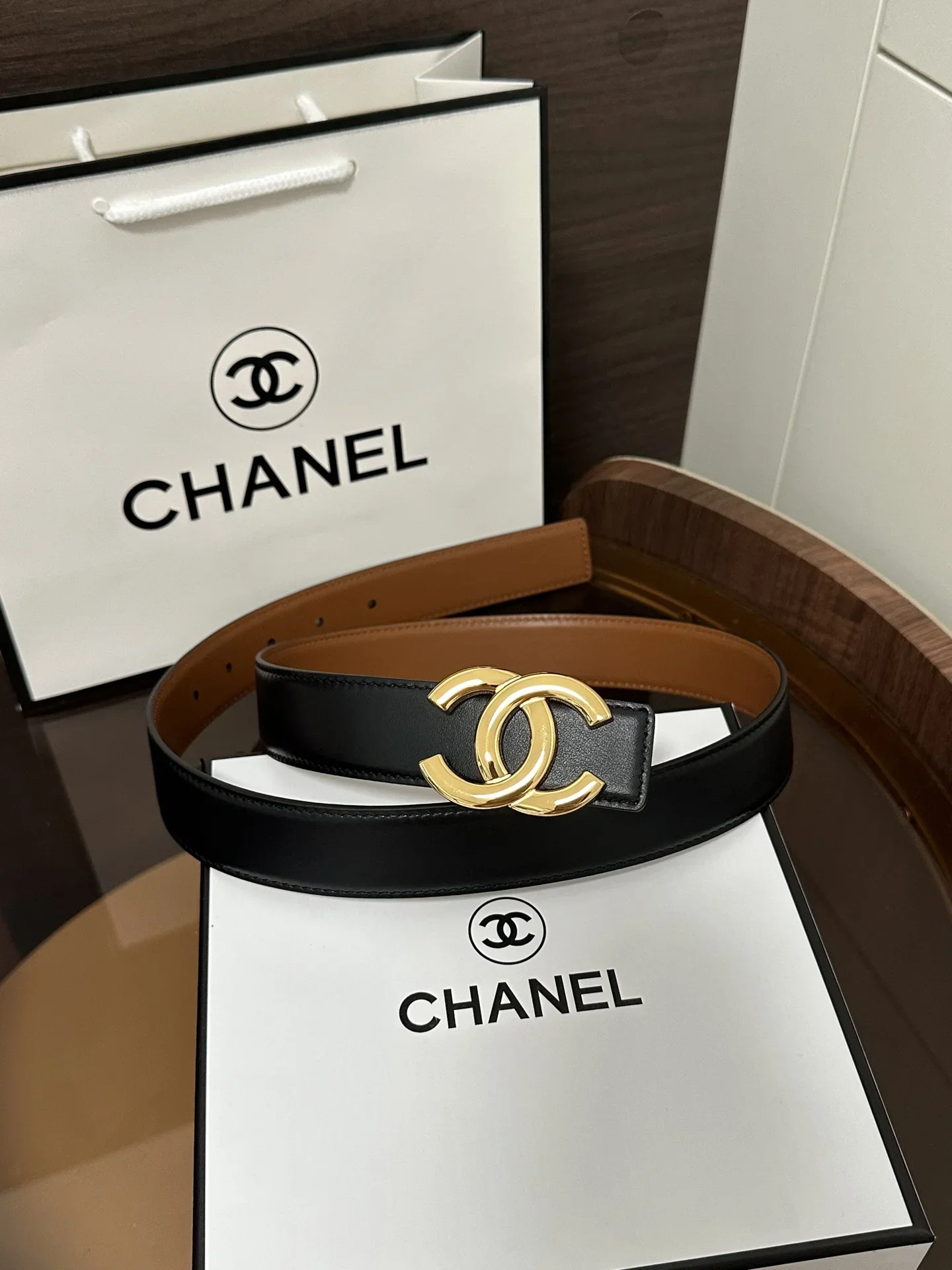 CHANEL Belts Smooth Leather (Black-Brown) 3cm Width 170202607050084