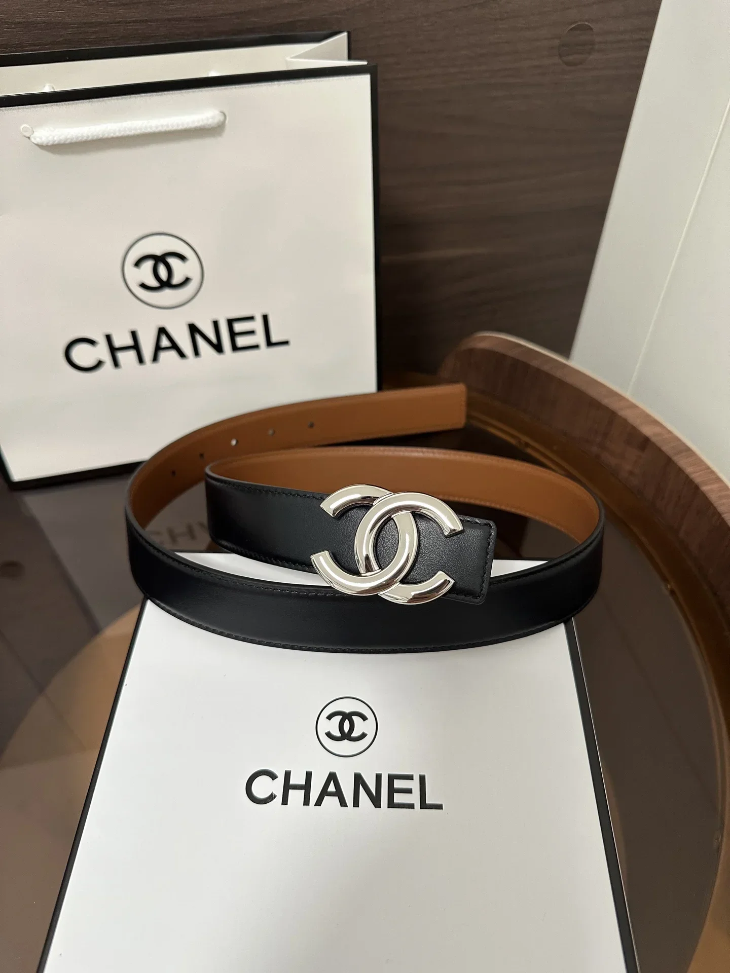 CHANEL Belts Smooth Leather (Black-Brown) 3cm Width 170202607050142
