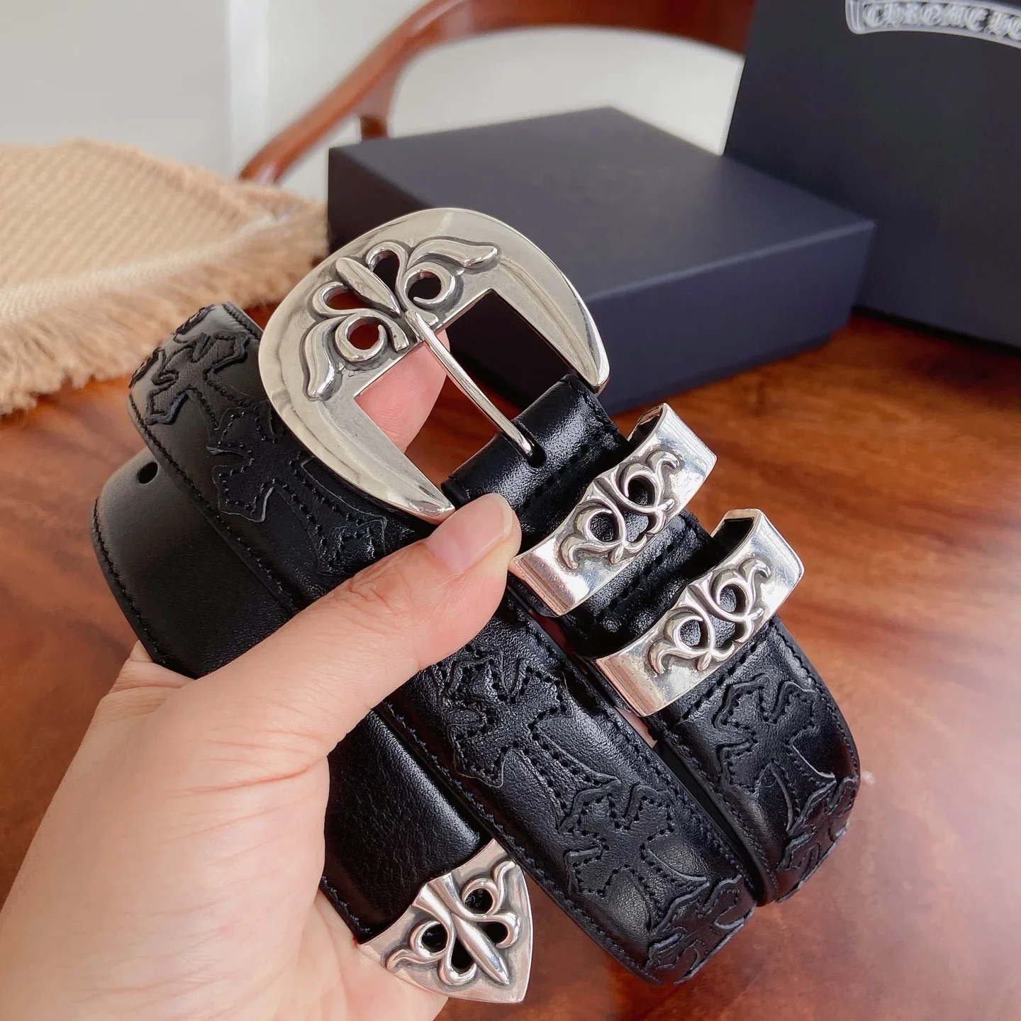 CHROME HEARTS Belts Brass Silver Leather 3.0cm Width 300202607050809 - Image 3