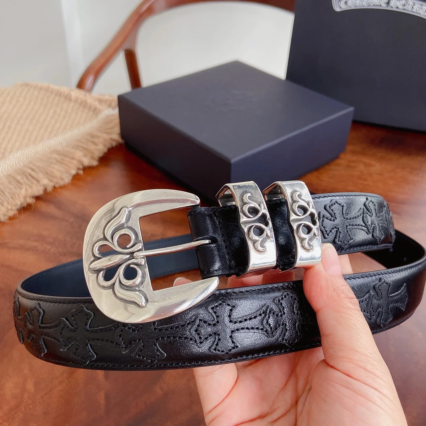 CHROME HEARTS Belts Brass Silver Leather 3.0cm Width 300202607050809 - Image 7