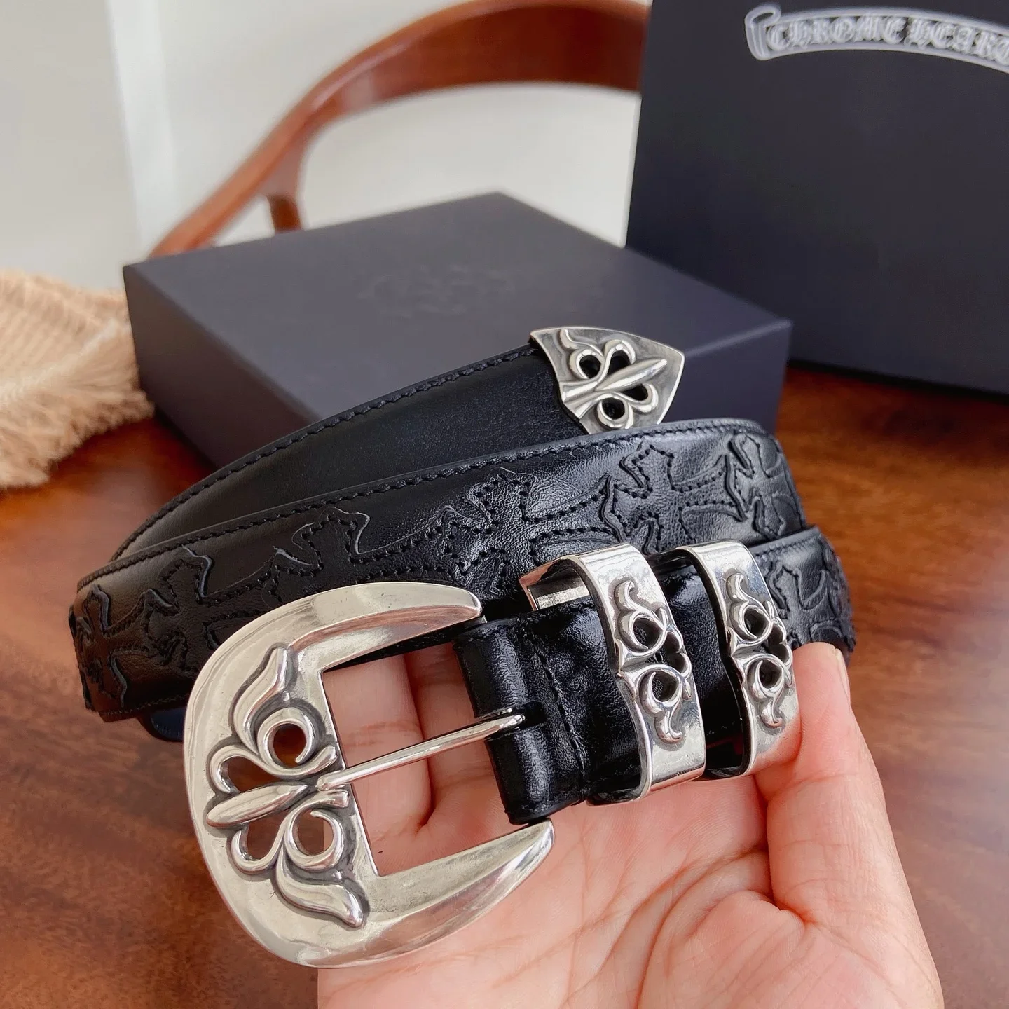 CHROME HEARTS Belts Brass Silver Leather 3.0cm Width 300202607050809 - Image 8