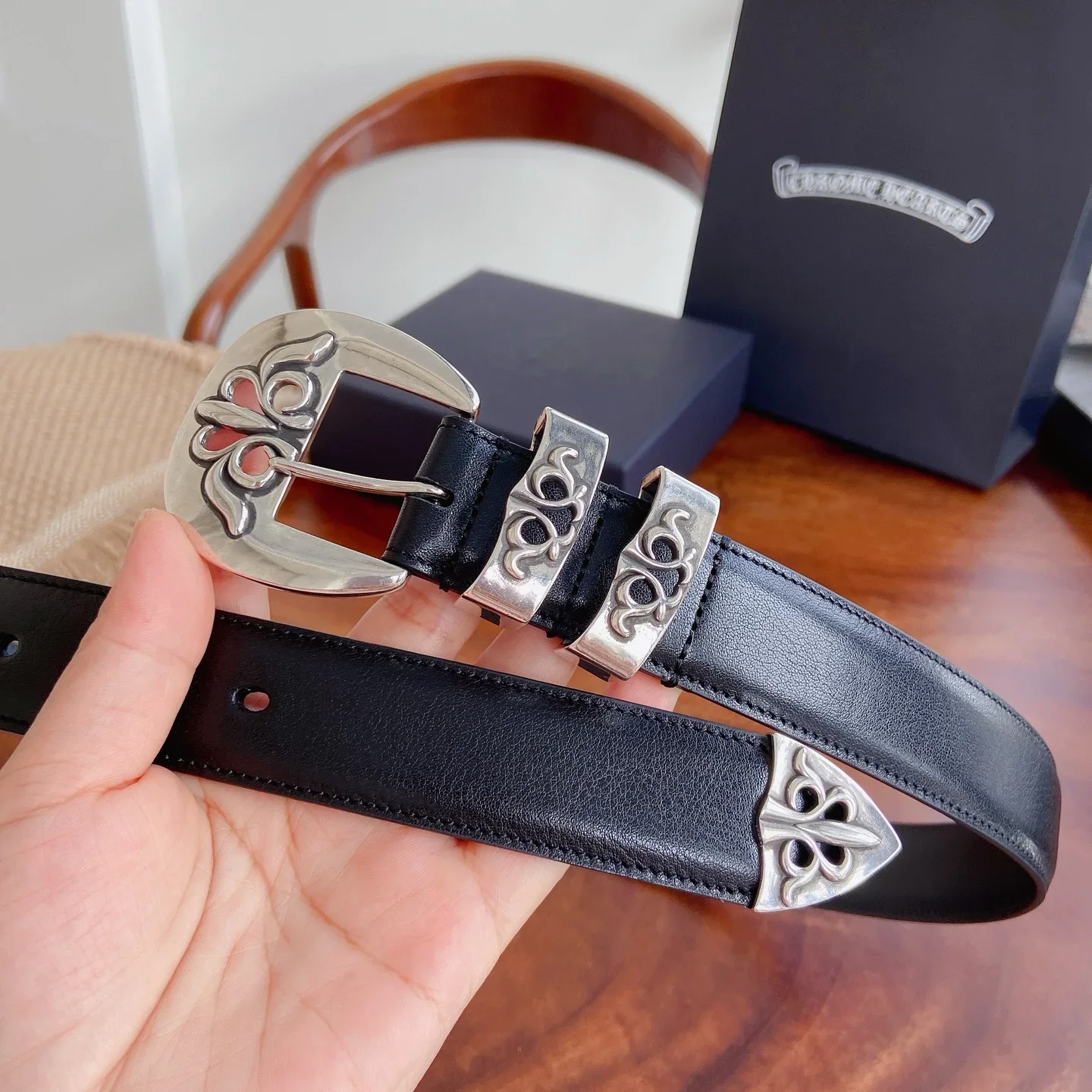 CHROME HEARTS Belts Calf Leather (Black-Silver) 3.0cm Width 240202607050160