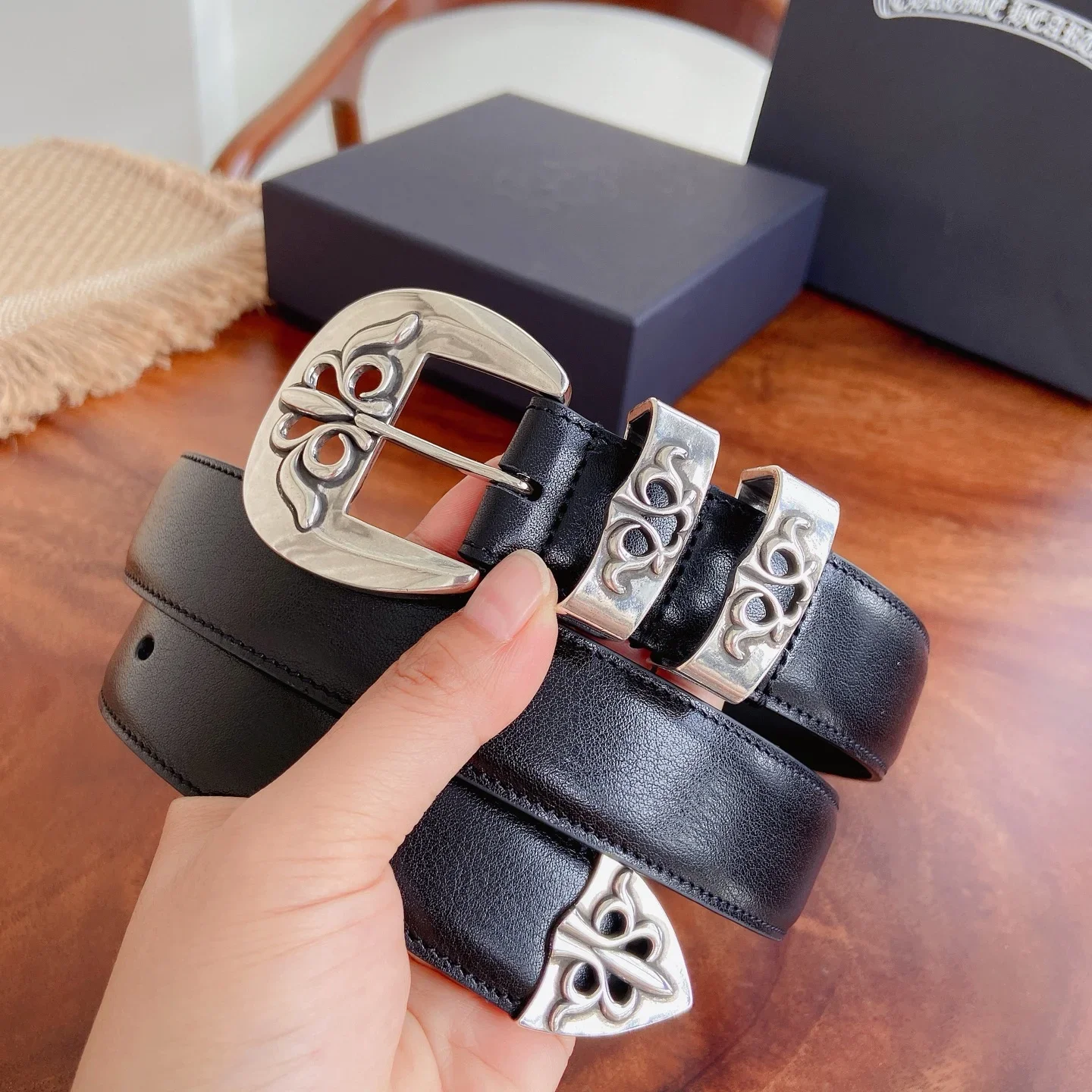 Alternative view of CHROME HEARTS Belts Calf Leather (Black-Silver) 3.0cm Width 240202607050160