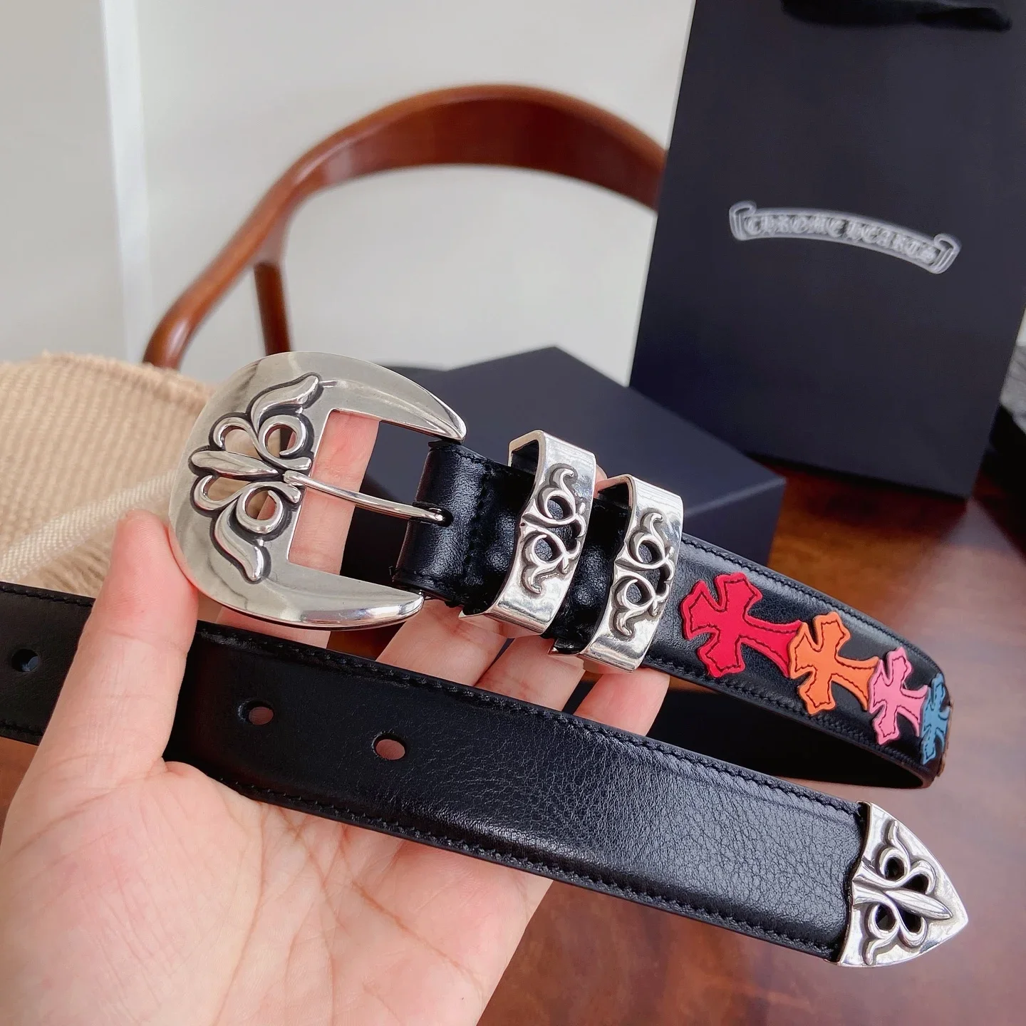 CHROME HEARTS Belts Leather Silver (Black) 3.0cm Width 300202607050156