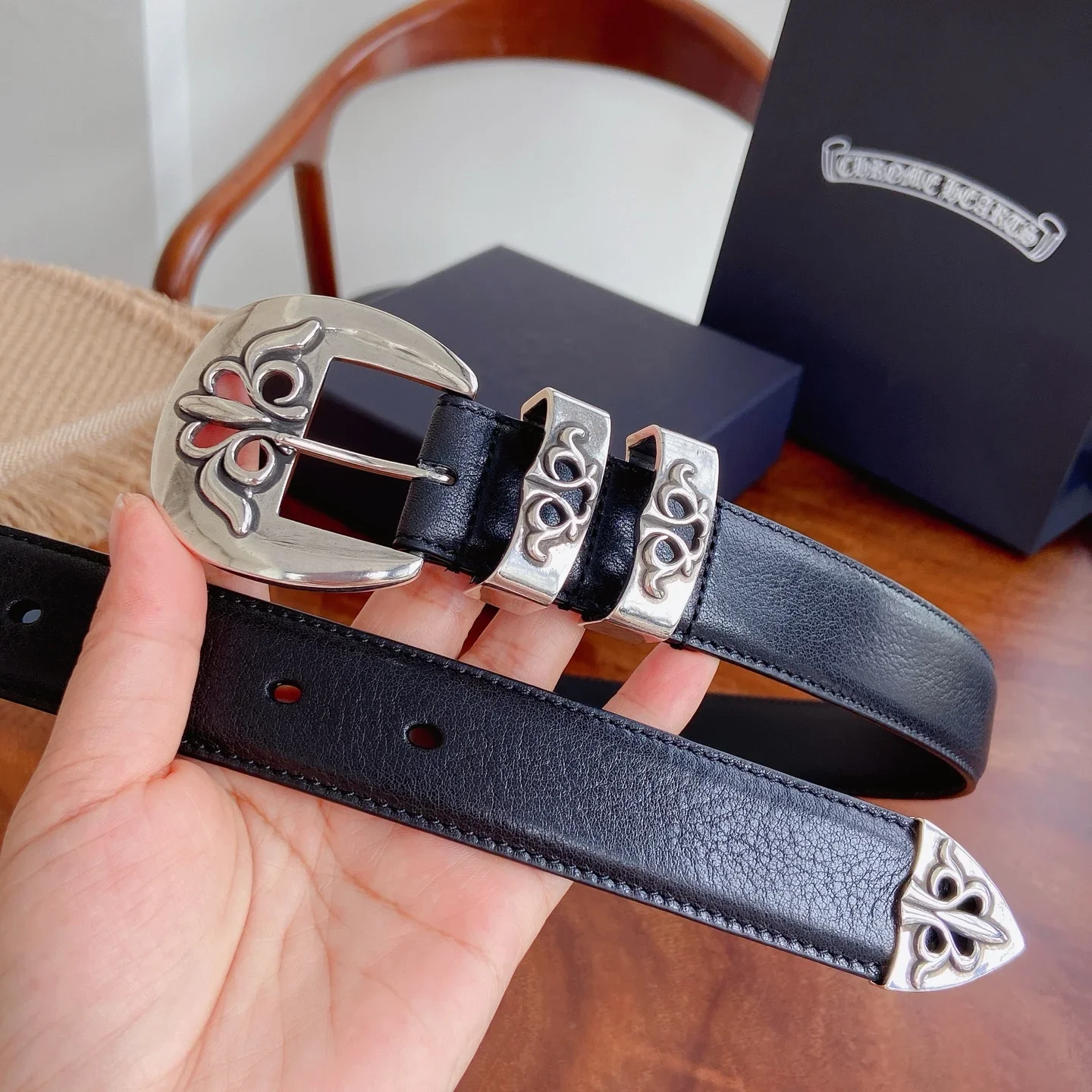 CHROME HEARTS Belts Sterling Silver Leather (Black-Silver) 3.0cm Width 240202607050157