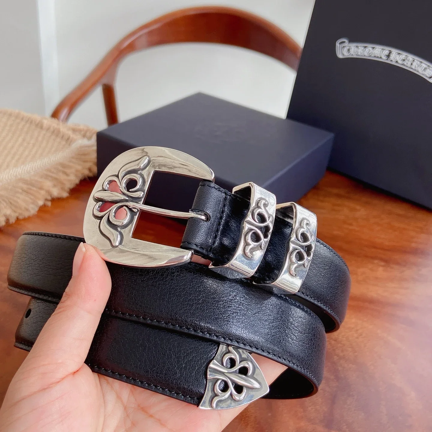 Alternative view of CHROME HEARTS Belts Sterling Silver Leather (Black-Silver) 3.0cm Width 240202607050157
