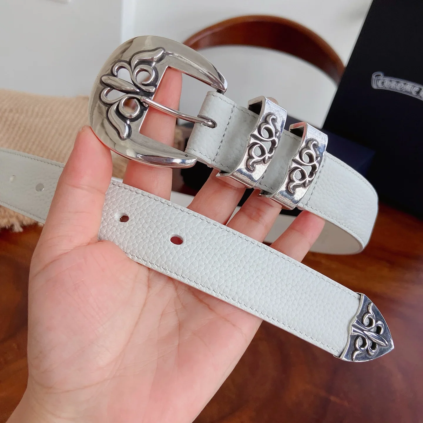 CHROME HEARTS Belts Togo Leather Silver (White) 3.0cm Width 240202607050162