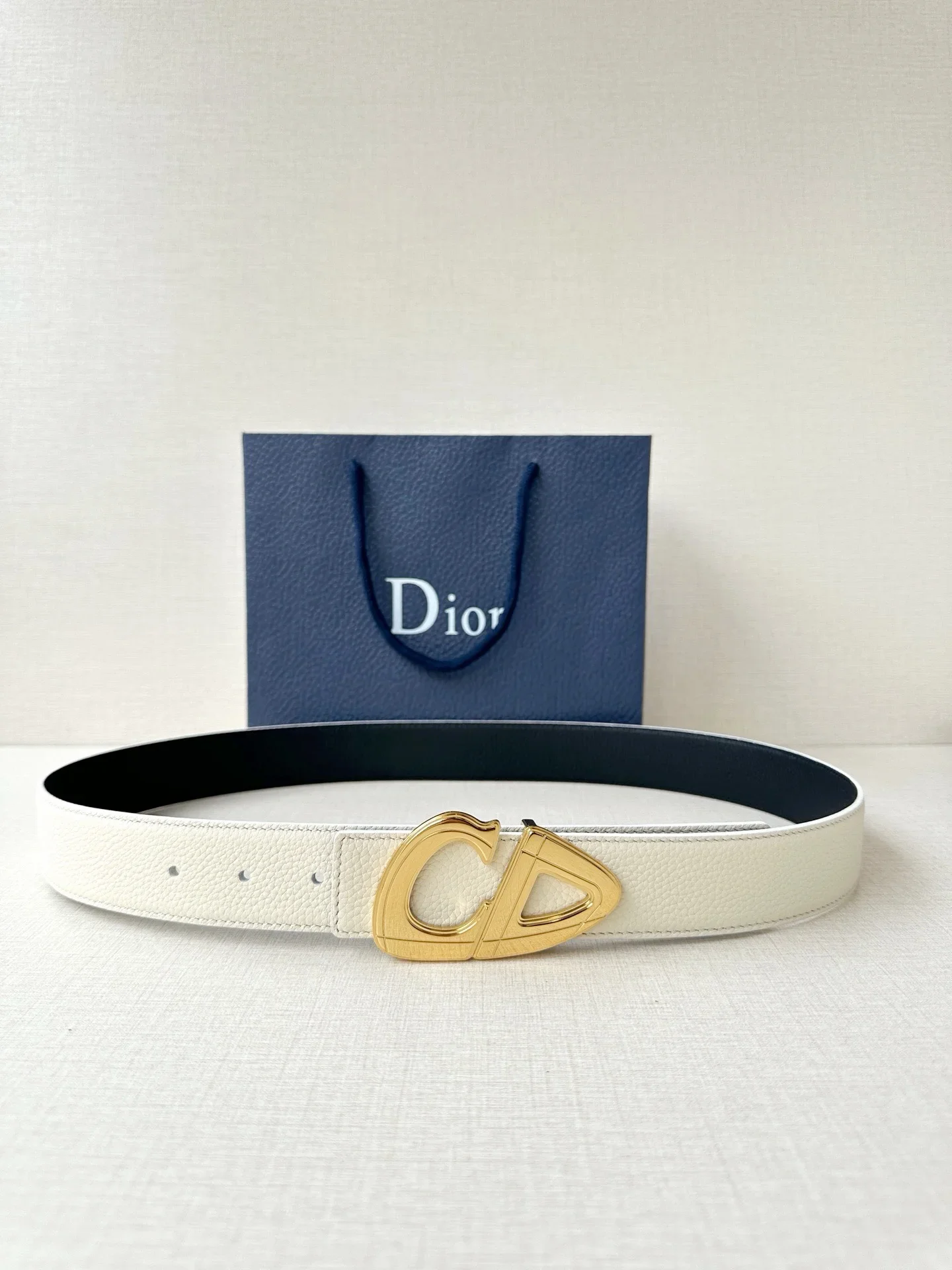 DIOR Belts Grained Leather (White-Black) 3.5cm Width 160202607050218