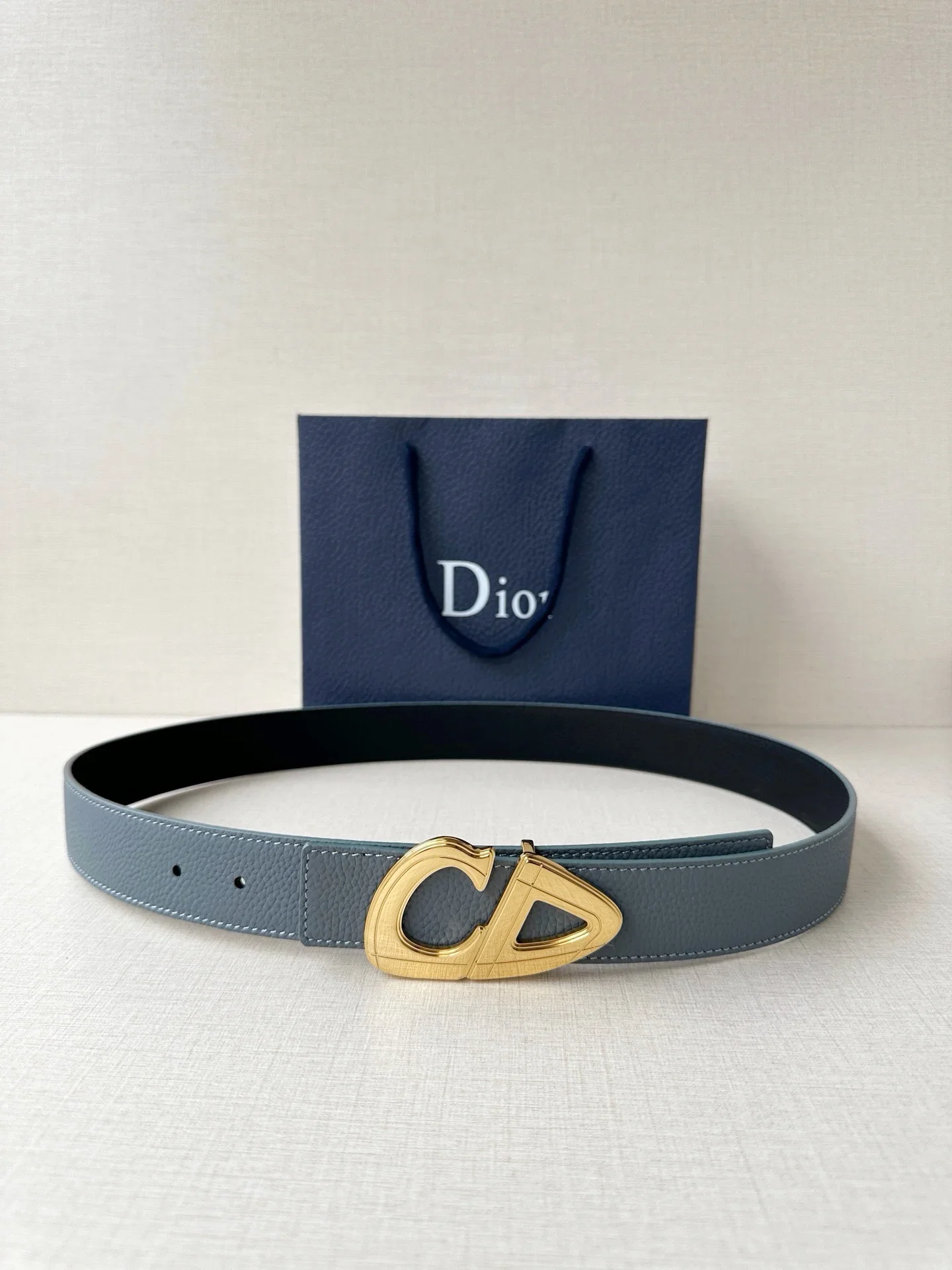 DIOR Belts Togo Leather (Blue-Black) 3.5cm Width 160202607050214