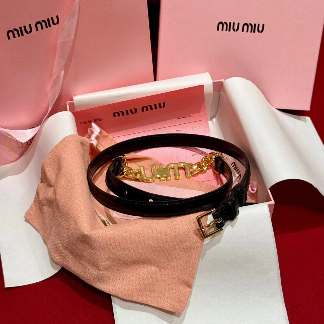 MIU MIU Belts Lambskin Leather (Black-Gold) 1.5cm Width 200202607050672
