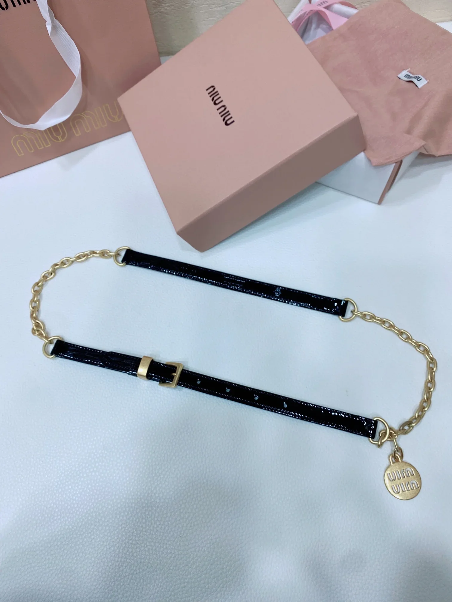 MIU MIU Belts Patent Leather (Black-Gold) 1.5cm Width 200202607050682