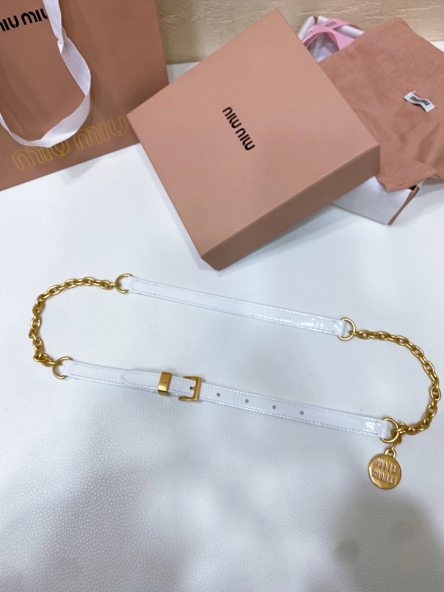 MIU MIU Belts Patent Leather (White-Gold) 1.5cm Width 200202607050681