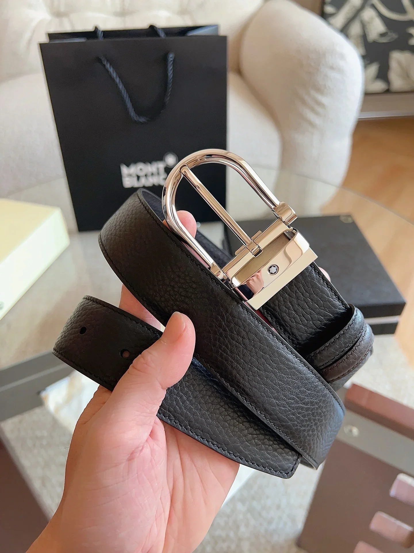 MONTBLANC Belts Grained Leather (Black) 3.5cm Width 170202607050692