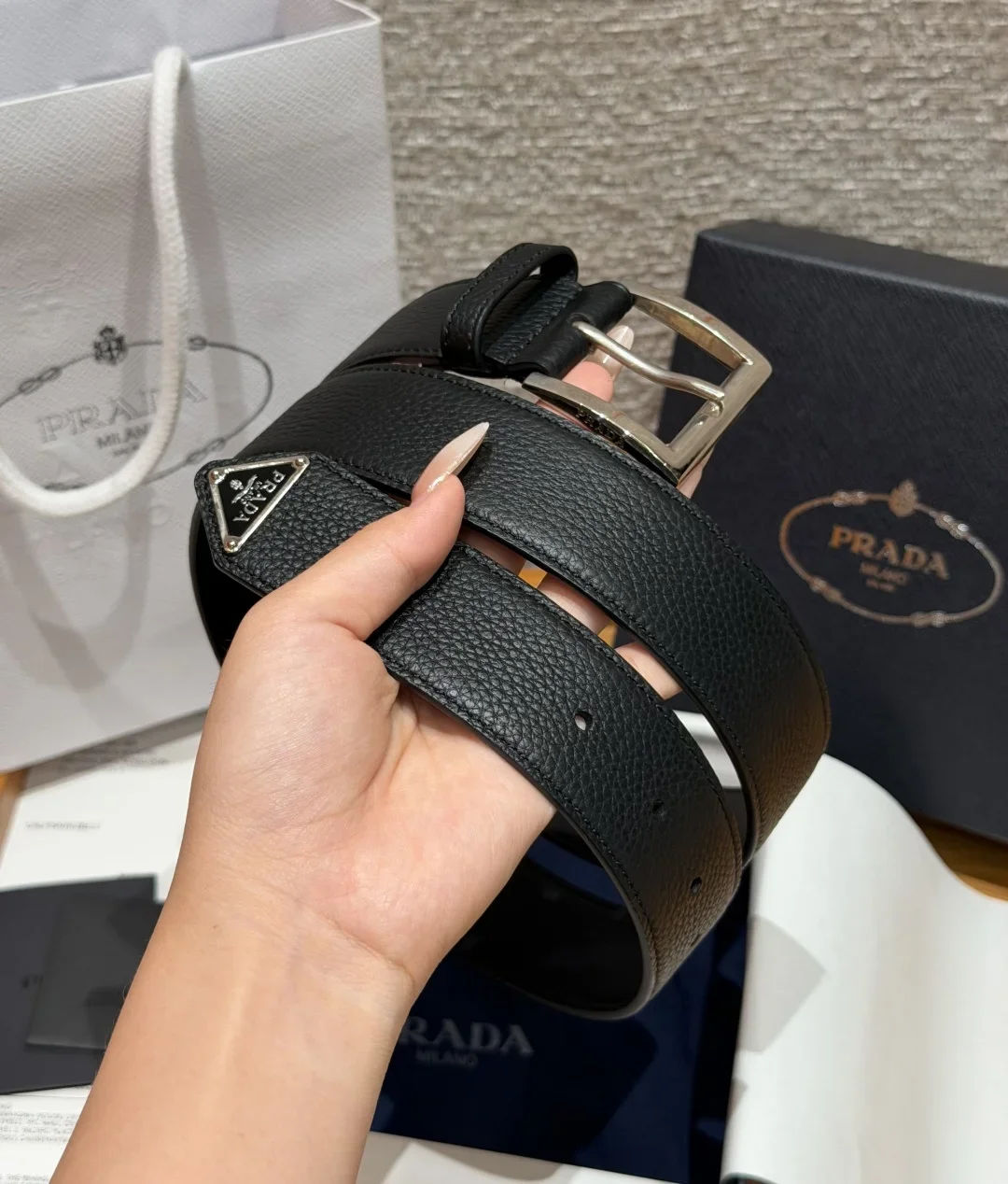 PRADA Belts Leather (Black-Silver) 3.3cm Width 180202607050724