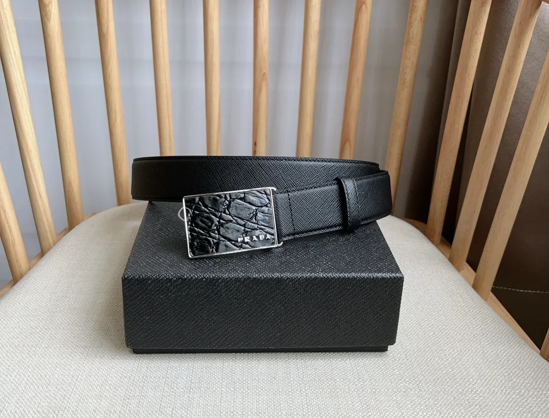 PRADA Belts Saffiano Leather-Alligator Leather (Black) 3.5cm Width 180202607050740