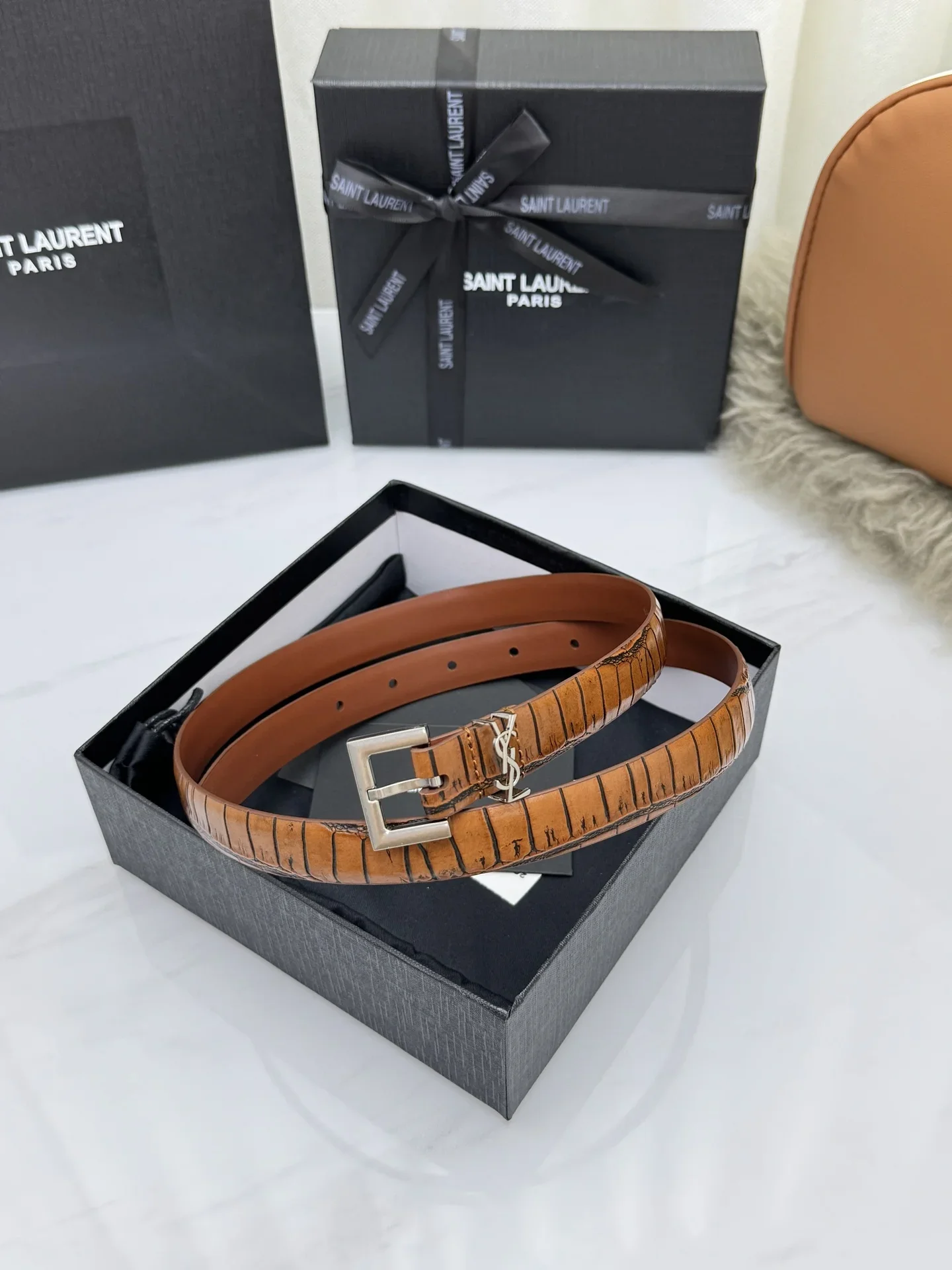 SAINT LAURENT Belts Crocodile Embossed Leather (Brown) 2.0cm Width 170202607050767