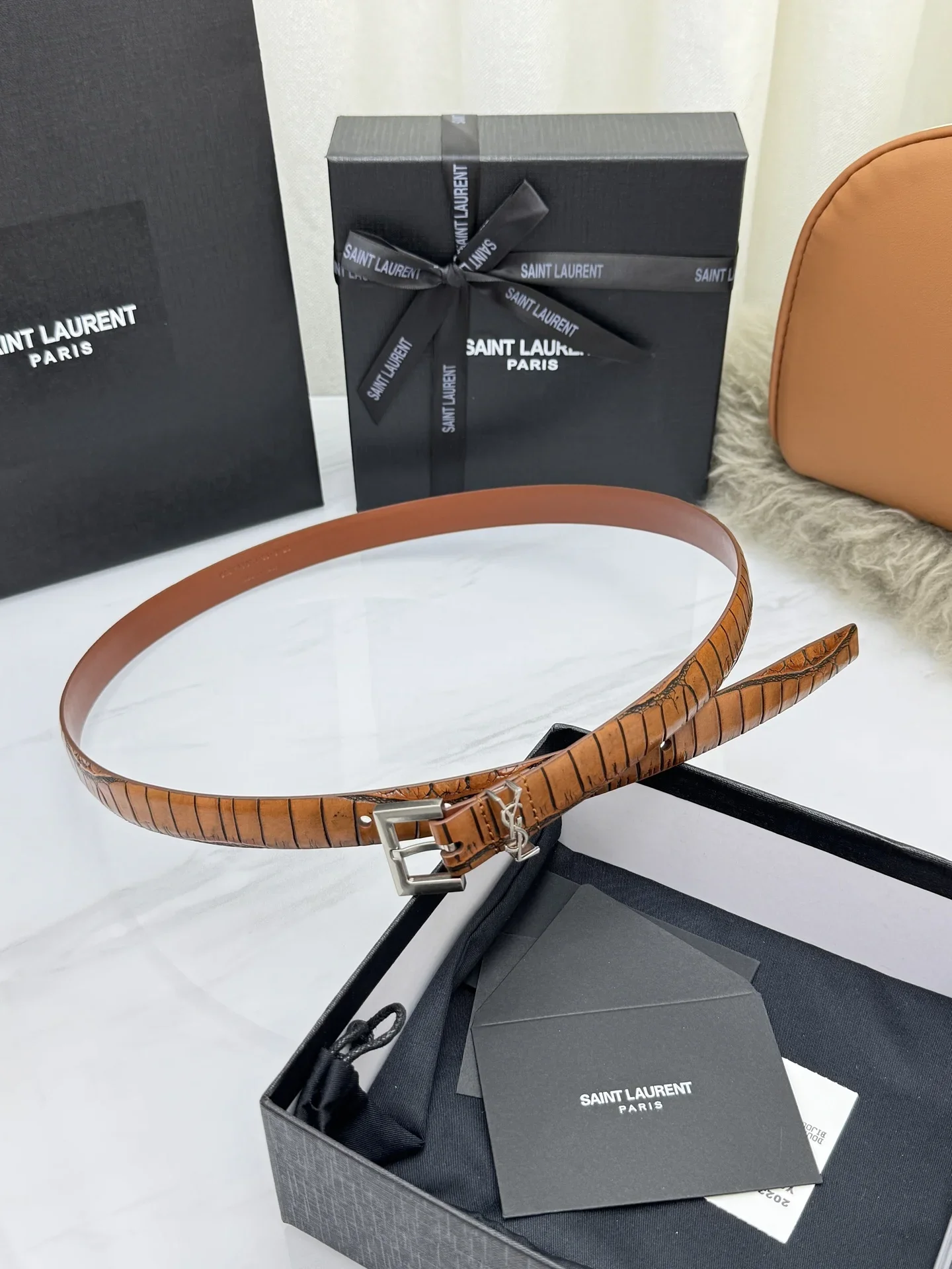SAINT LAURENT Belts Crocodile Embossed Leather (Brown) 2.0cm Width 170202607050767 - Image 2