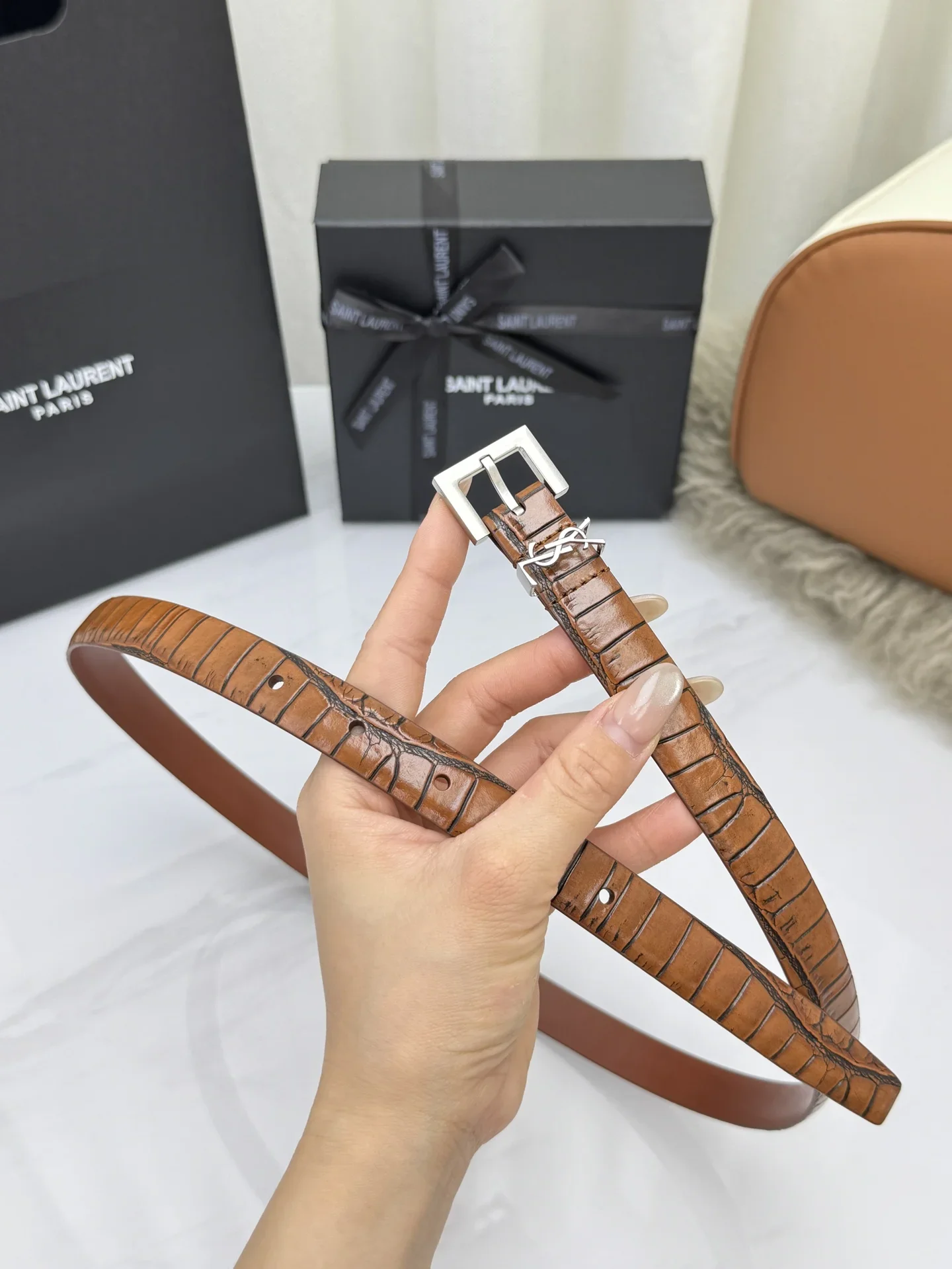 SAINT LAURENT Belts Crocodile Embossed Leather (Brown) 2.0cm Width 170202607050767 - Image 3