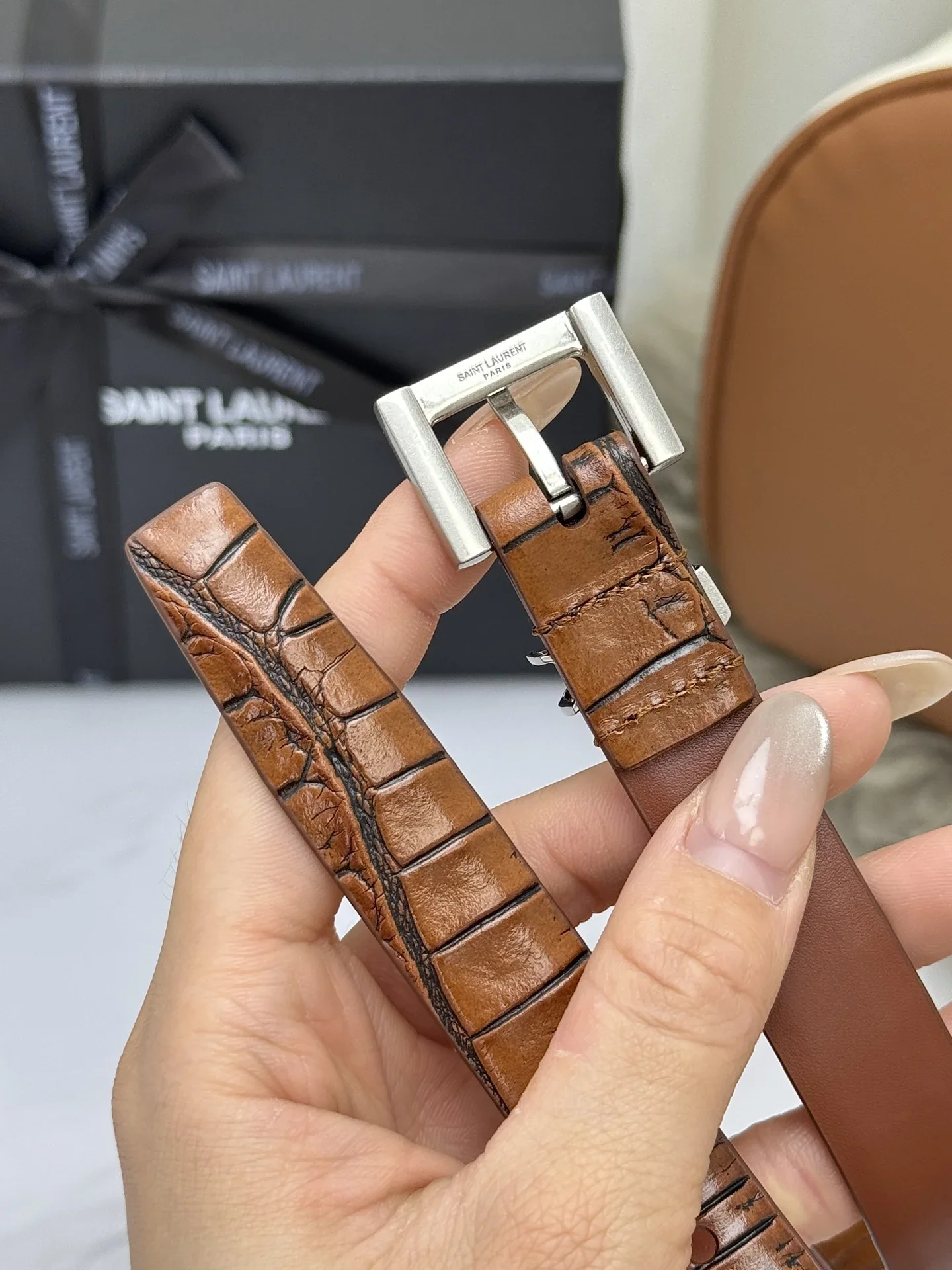 SAINT LAURENT Belts Crocodile Embossed Leather (Brown) 2.0cm Width 170202607050767 - Image 4