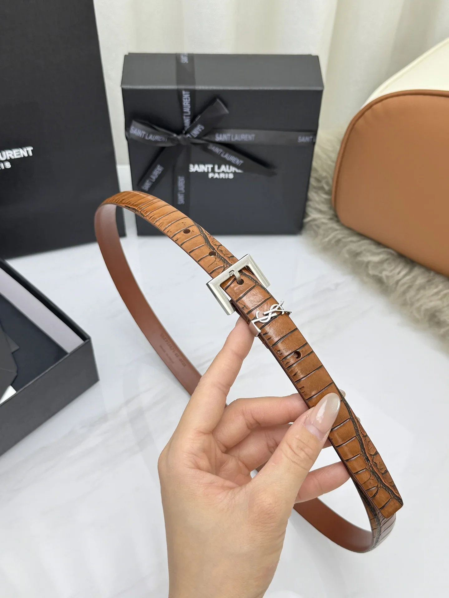 SAINT LAURENT Belts Crocodile Embossed Leather (Brown) 2.0cm Width 170202607050767 - Image 7