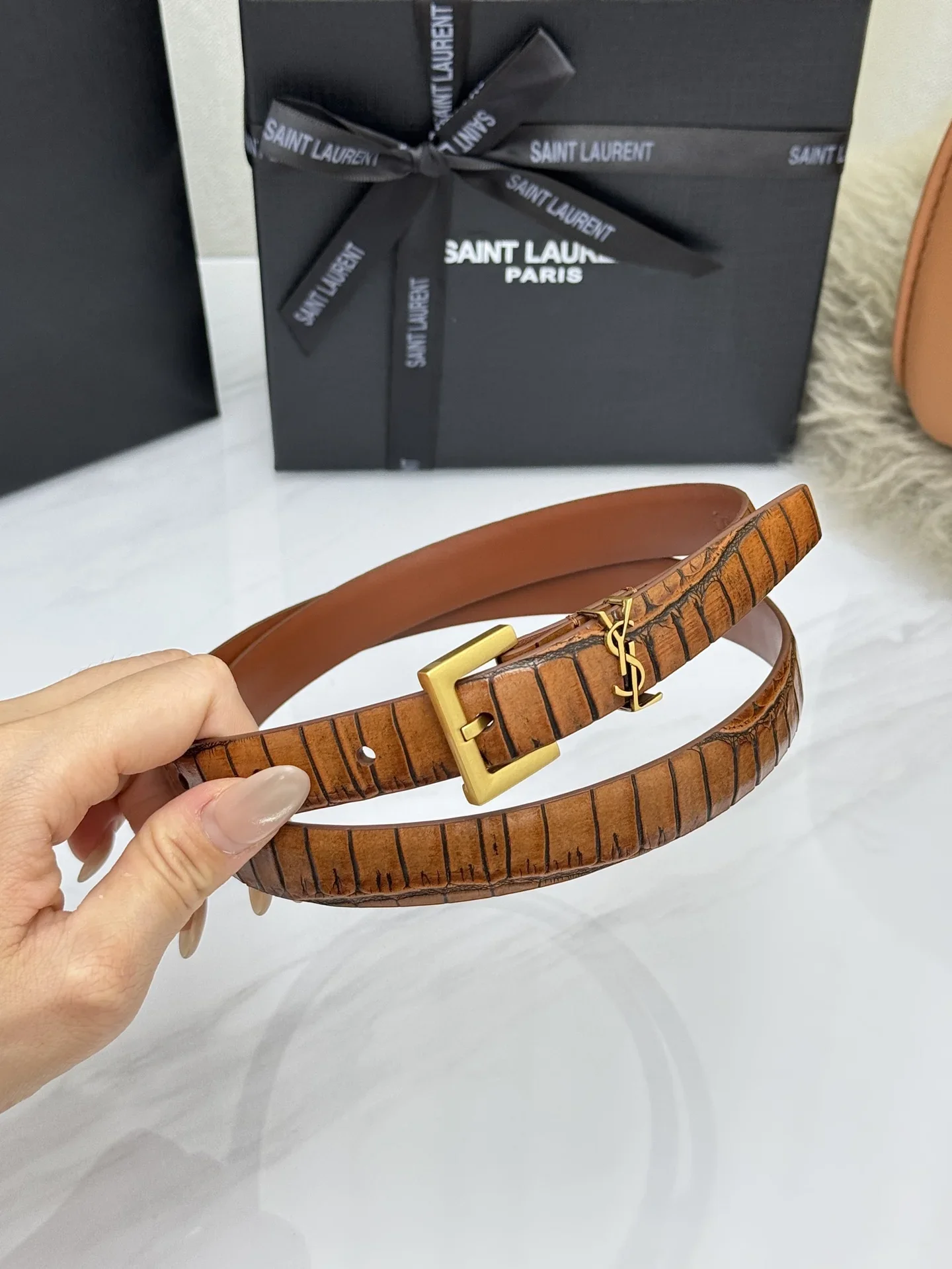 SAINT LAURENT Belts Crocodile Leather (Brown) 2.0cm Width 170202607050766