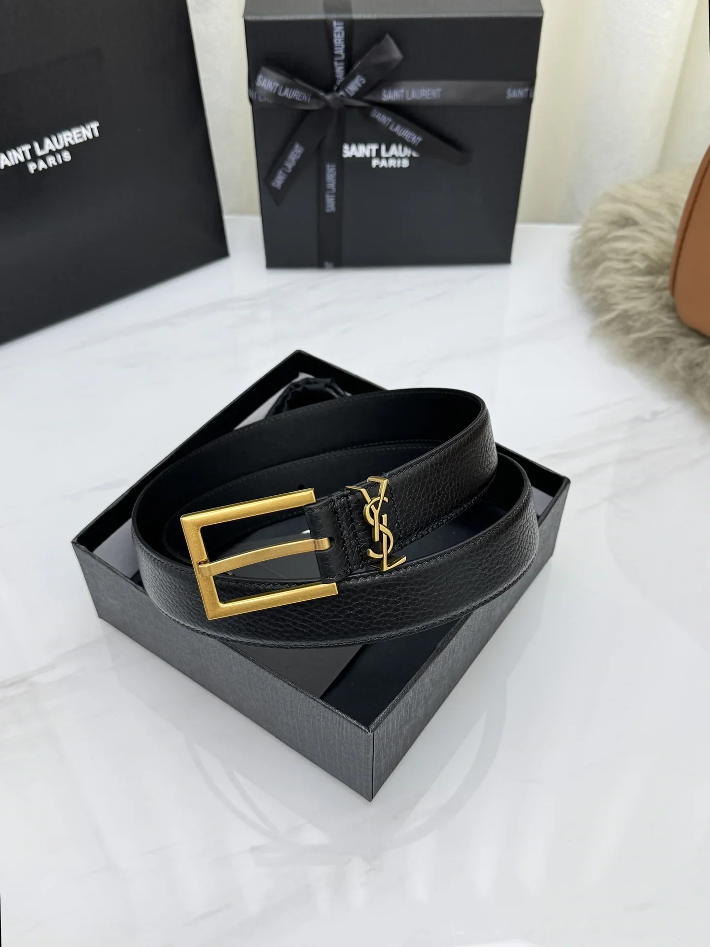 SAINT LAURENT Belts Grained Leather (Black) 3.0cm Width 160202607050763