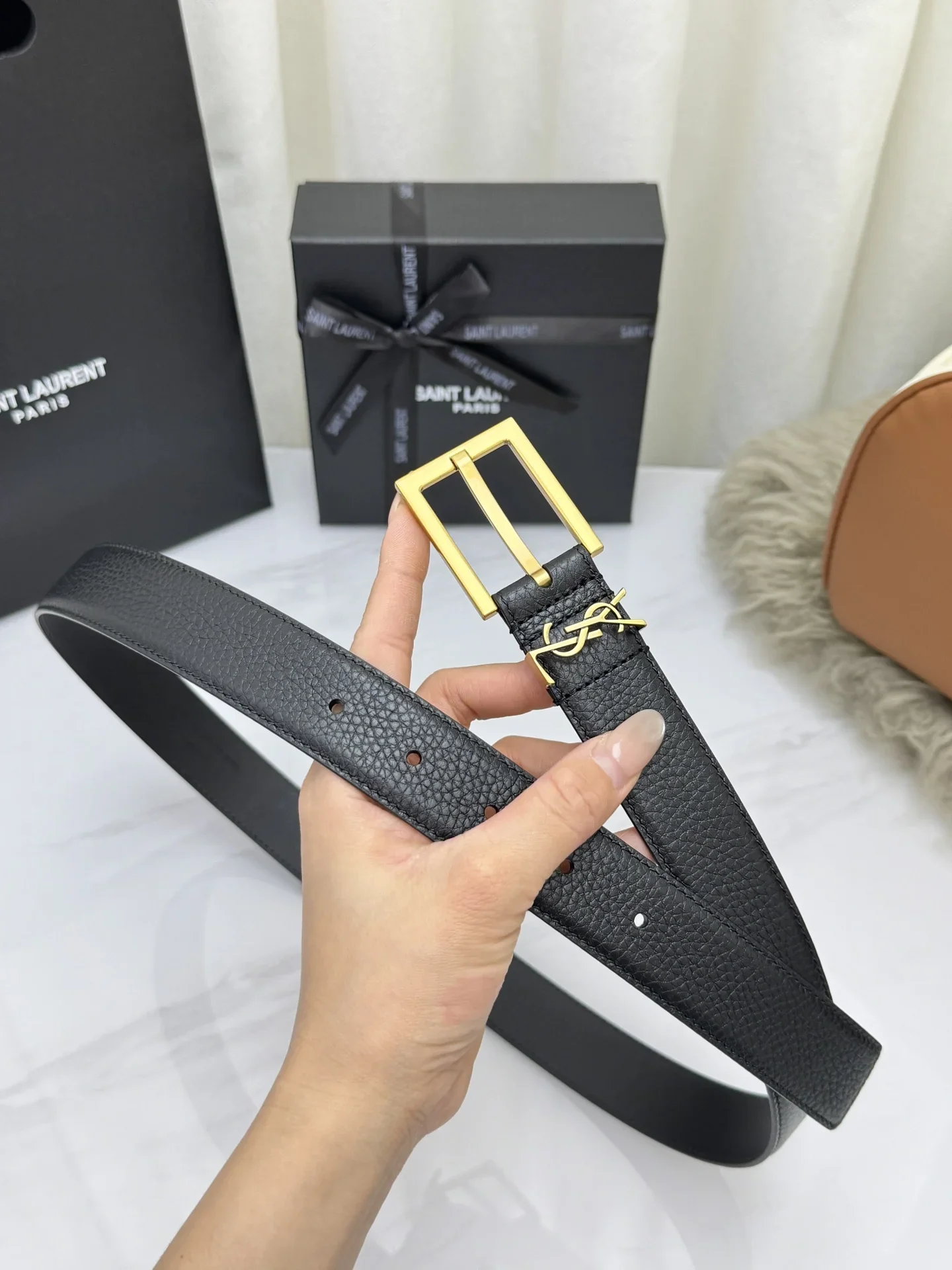 SAINT LAURENT Belts Grained Leather (Black) 3.0cm Width 160202607050763 - Image 3