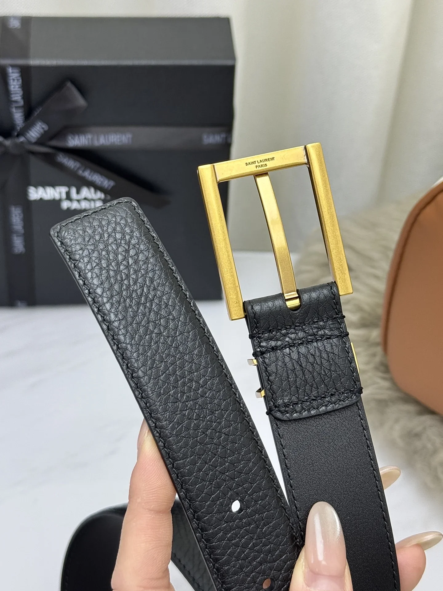 SAINT LAURENT Belts Grained Leather (Black) 3.0cm Width 160202607050763 - Image 6