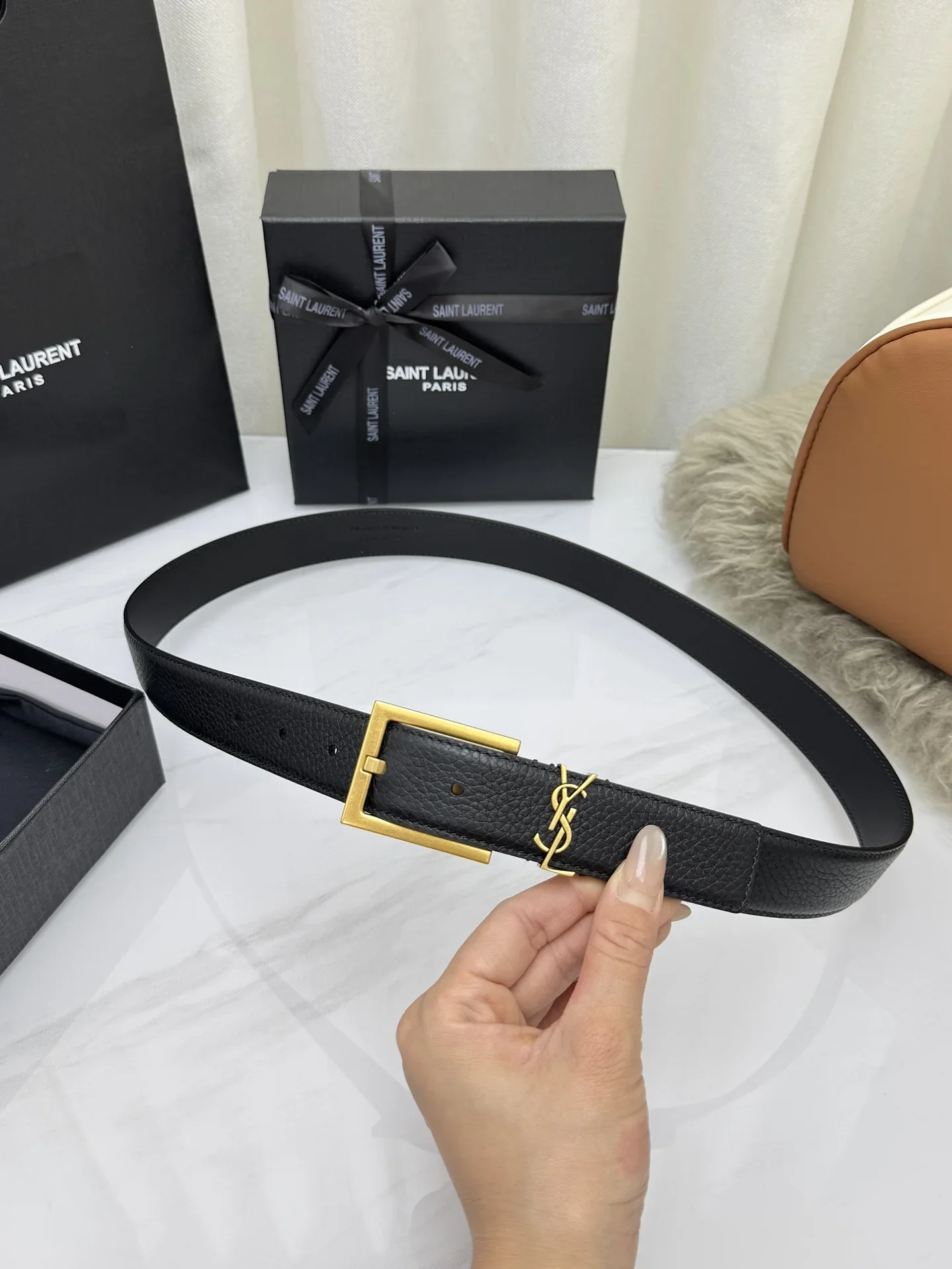 SAINT LAURENT Belts Grained Leather (Black) 3.0cm Width 160202607050763 - Image 8