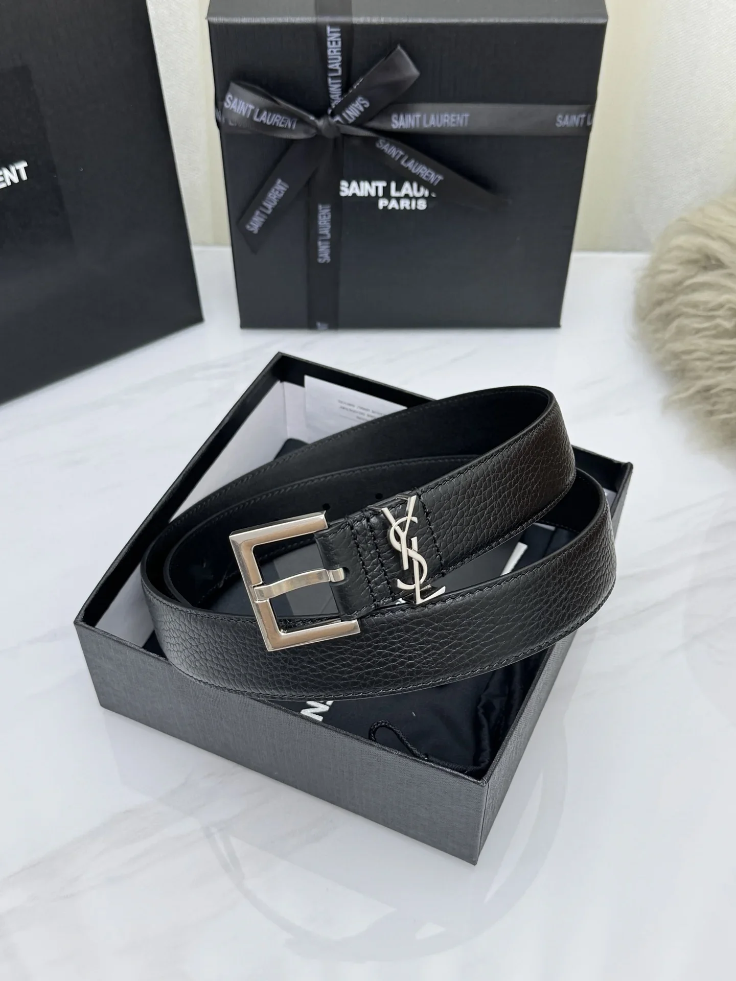 SAINT LAURENT Belts Grained Leather (Black) 3.0cm Width 160202607050765