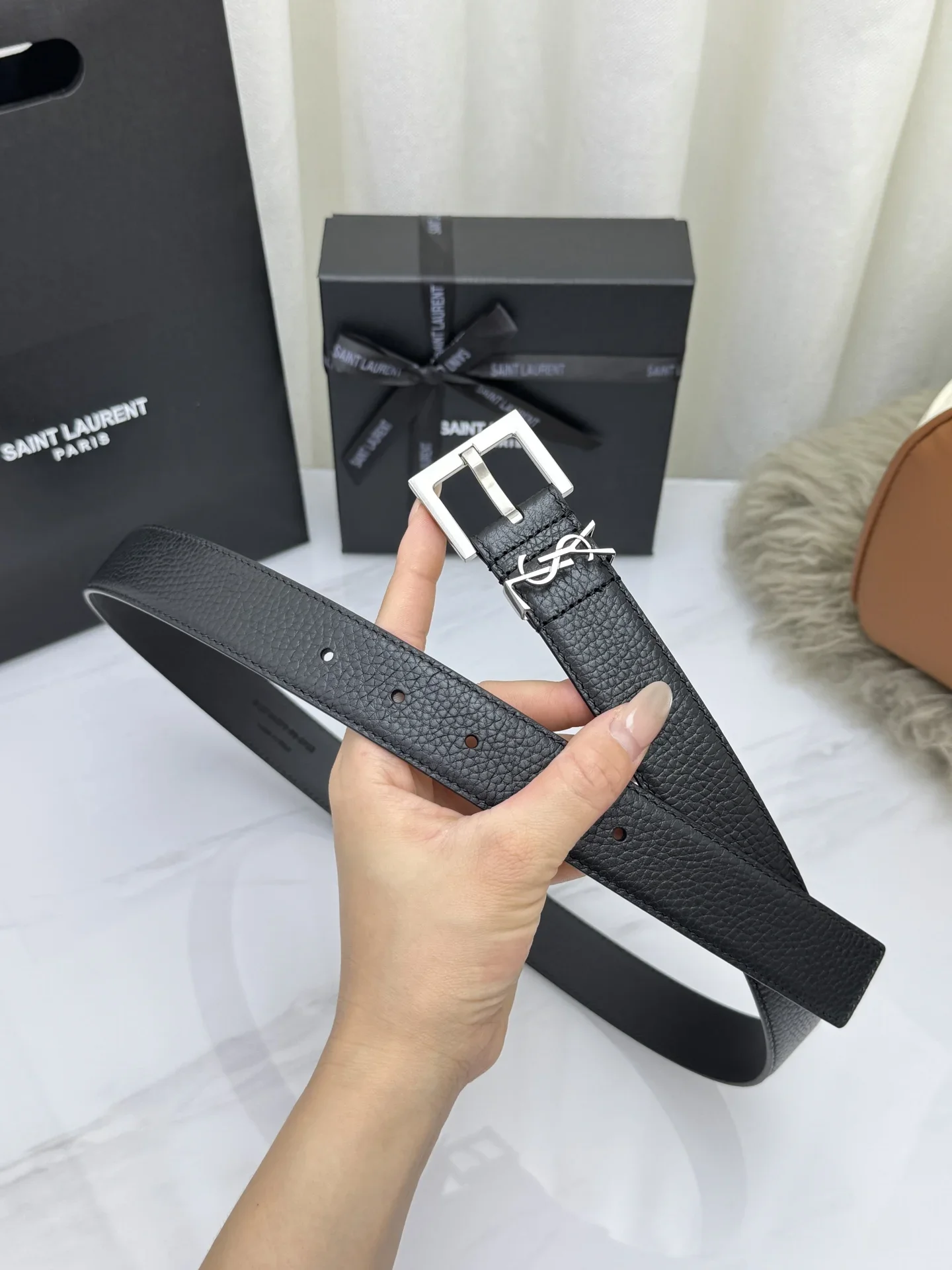 SAINT LAURENT Belts Grained Leather (Black) 3.0cm Width 160202607050765 - Image 3