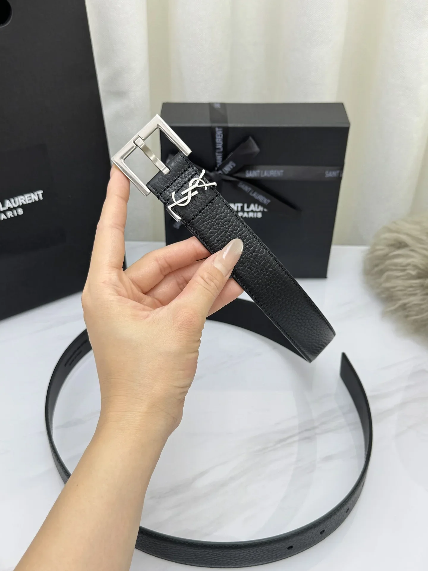 SAINT LAURENT Belts Grained Leather (Black) 3.0cm Width 160202607050765 - Image 4
